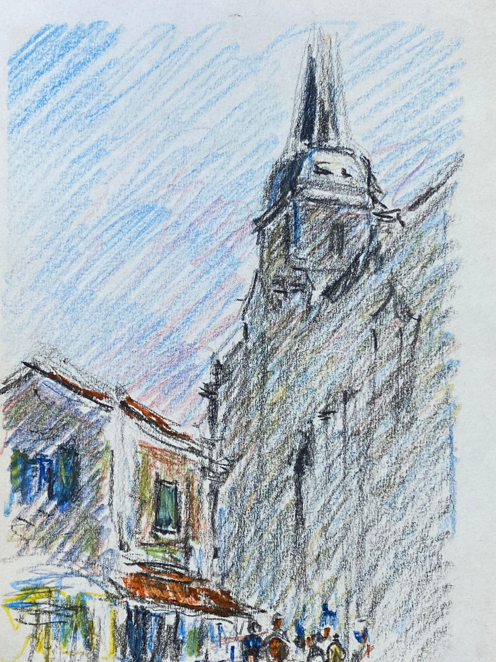 Old Provence Town Impressionist Crayon Drawing, Figures Mooching by Cafe, circa 1940s - 3