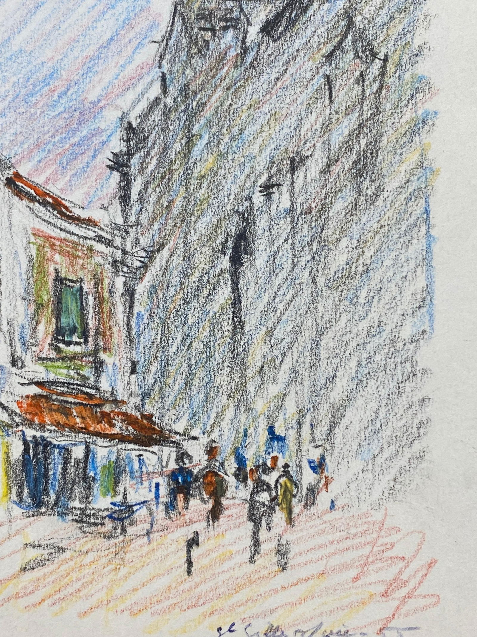Old Provence Town Impressionist Crayon Drawing, Figures Mooching by Cafe, circa 1940s - 4