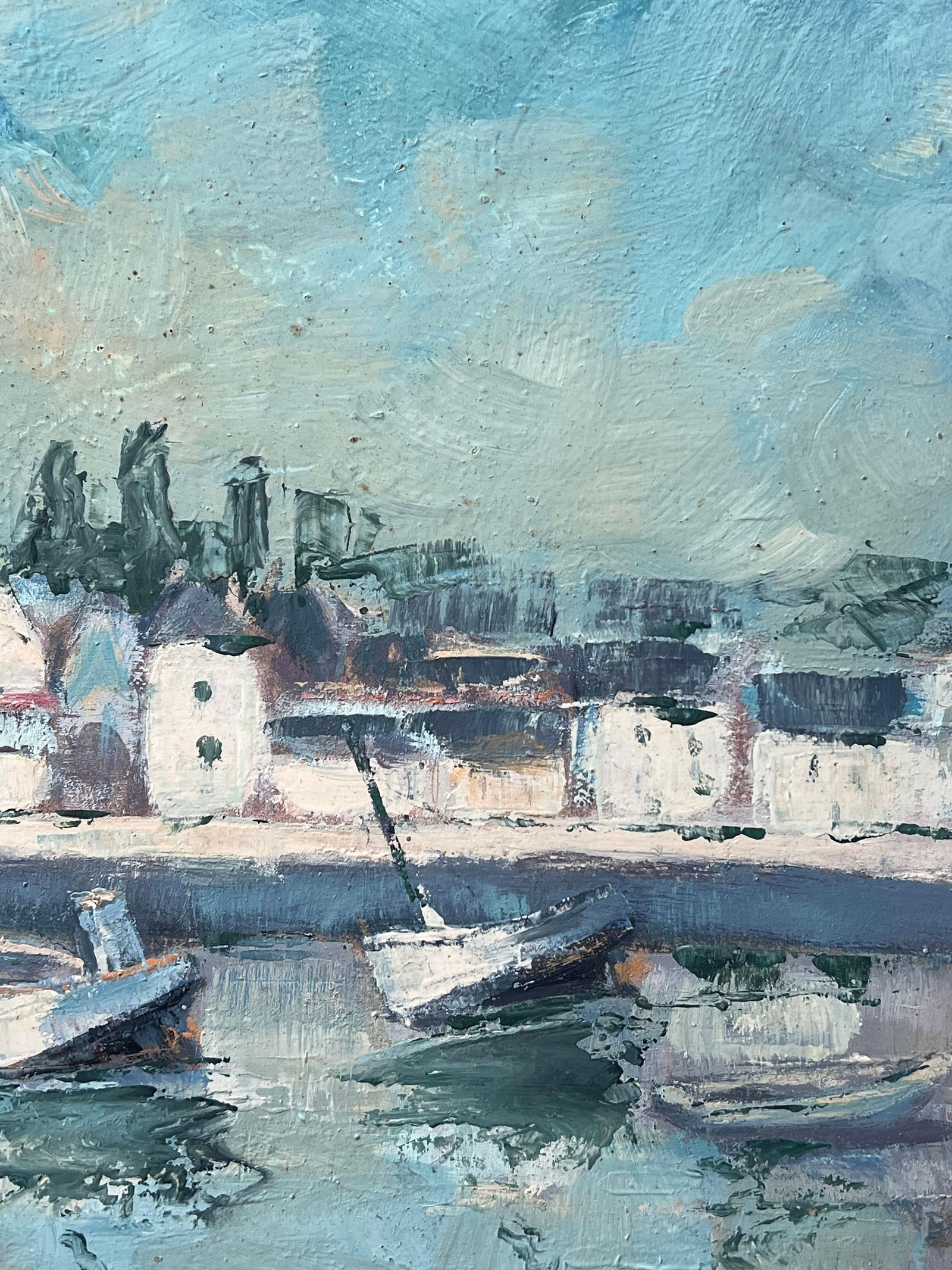Fanch Lel; Turquoise Bright Blue & Sky French Town Harbour Oil Painting - 11
