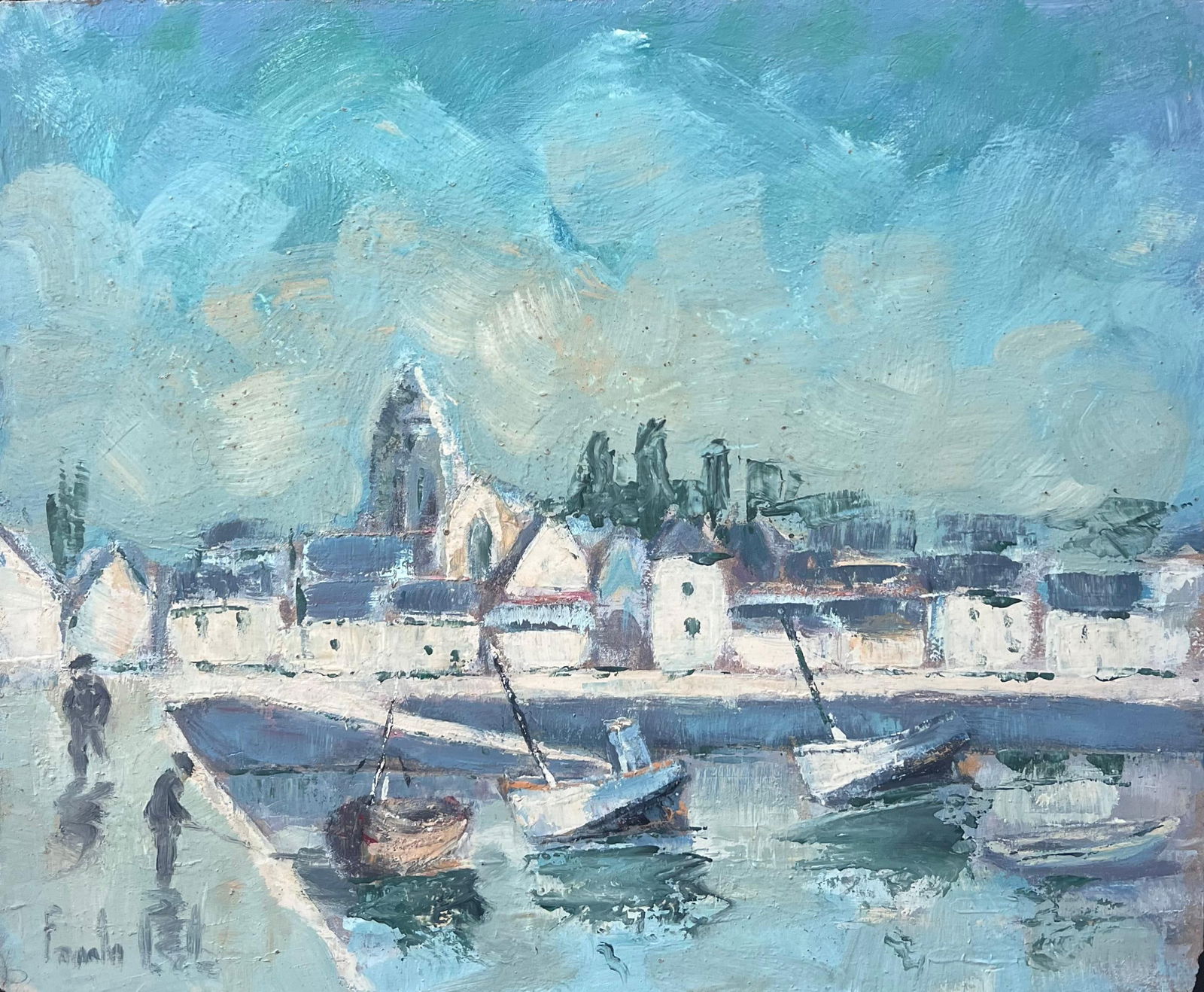 Fanch Lel; Turquoise Bright Blue & Sky French Town Harbour Oil Painting (1 of 14)