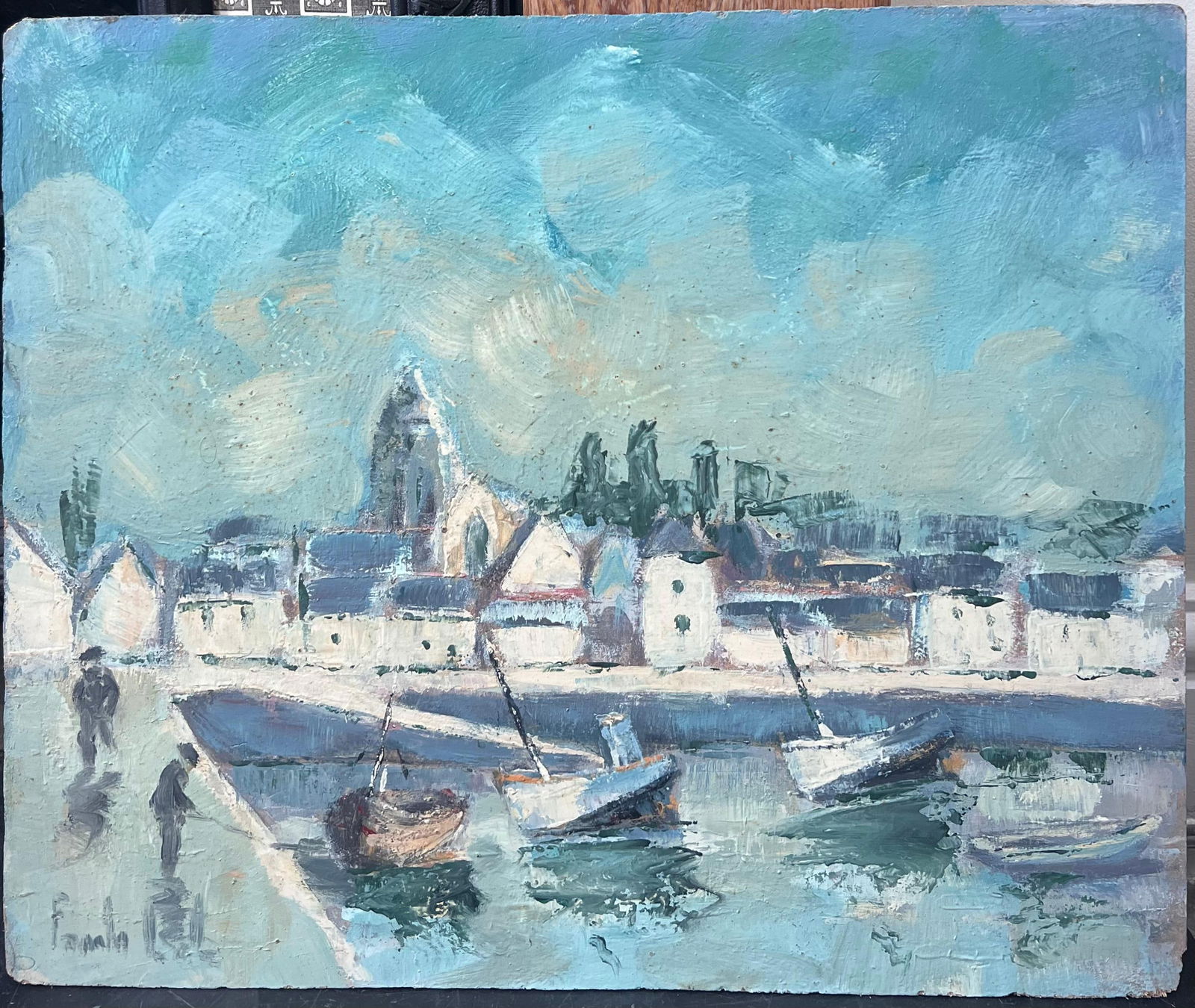 Fanch Lel; Turquoise Bright Blue & Sky French Town Harbour Oil Painting - 5