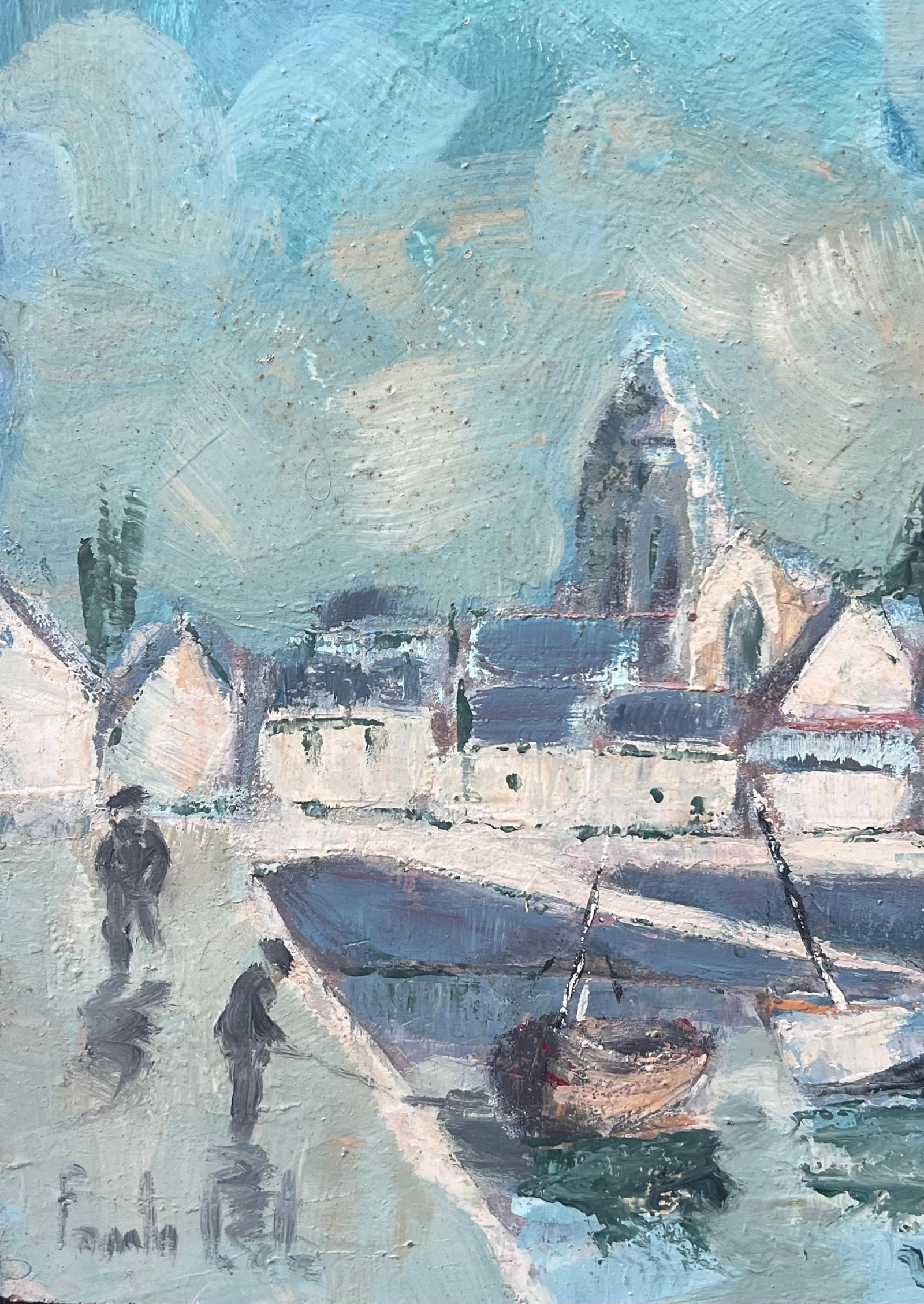 Fanch Lel; Turquoise Bright Blue & Sky French Town Harbour Oil Painting - 6