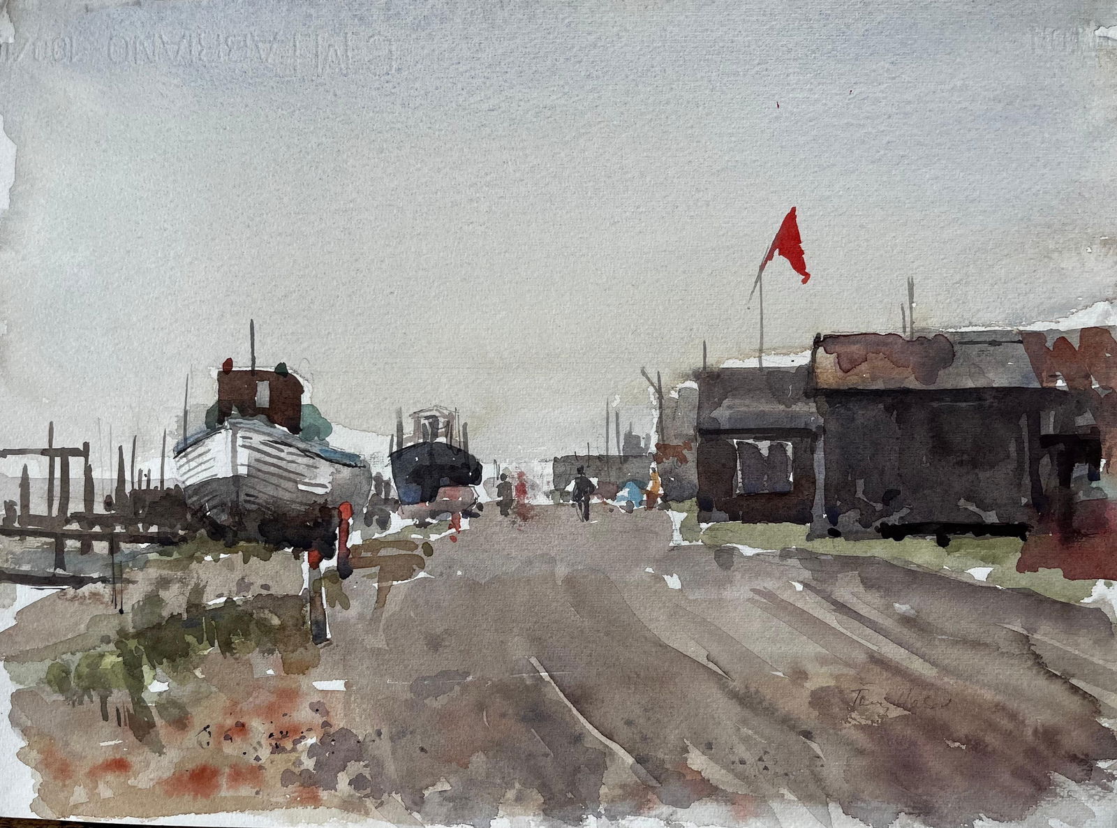 Anthony Herbert; Southwold Boatyard with Red Flag Fishing Sheds and Harbour Walkway Watercolour, - 12