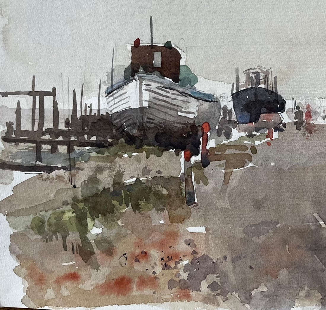 Anthony Herbert; Southwold Boatyard with Red Flag Fishing Sheds and Harbour Walkway Watercolour, - 6