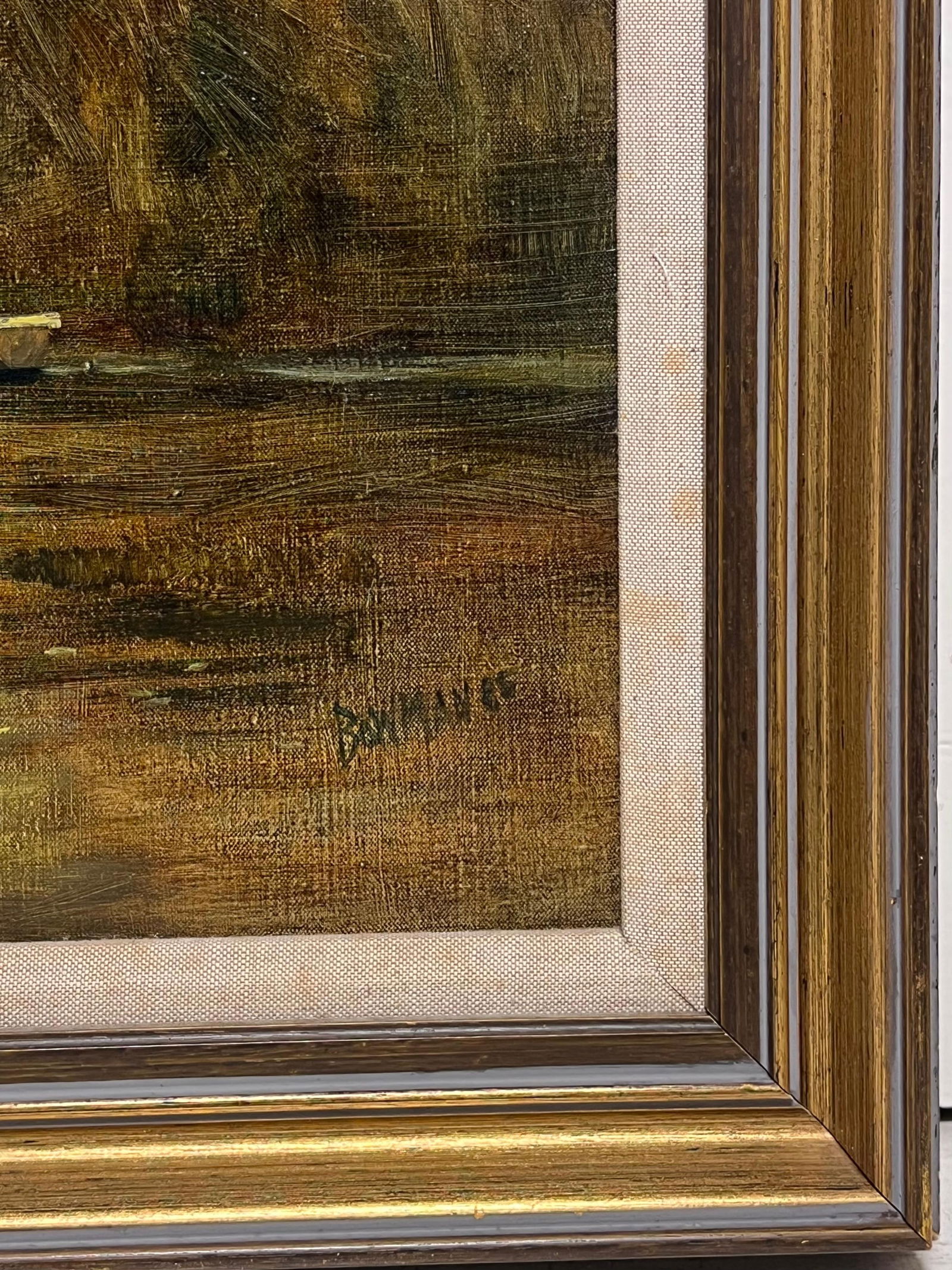 British artist; British Impressionist 20th Century Signed Oil Sludgy Green River Landscape Boat, - 7