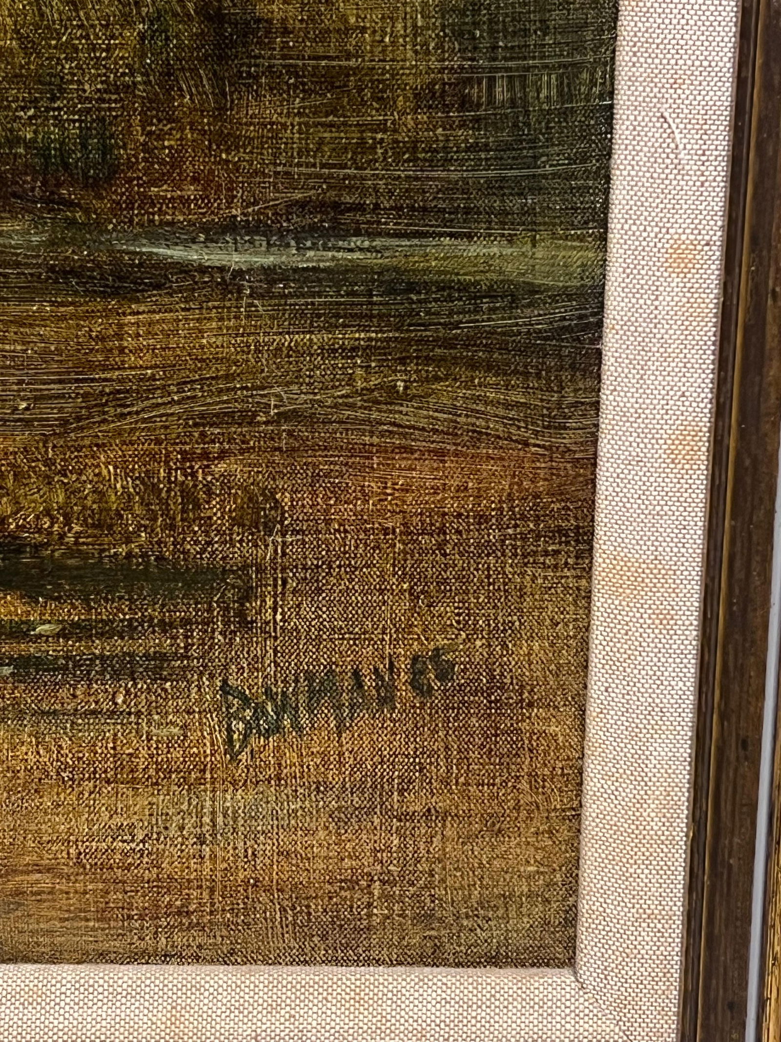 British artist; British Impressionist 20th Century Signed Oil Sludgy Green River Landscape Boat, - 8