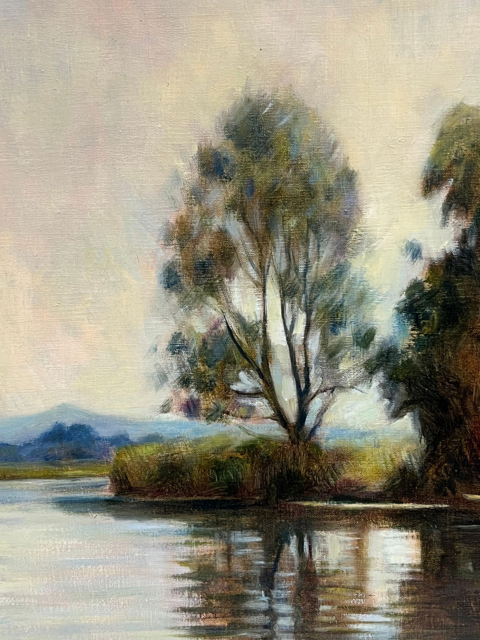 British artist; British Impressionist 20th Century Signed Oil Sludgy Green River Landscape Boat, - 12