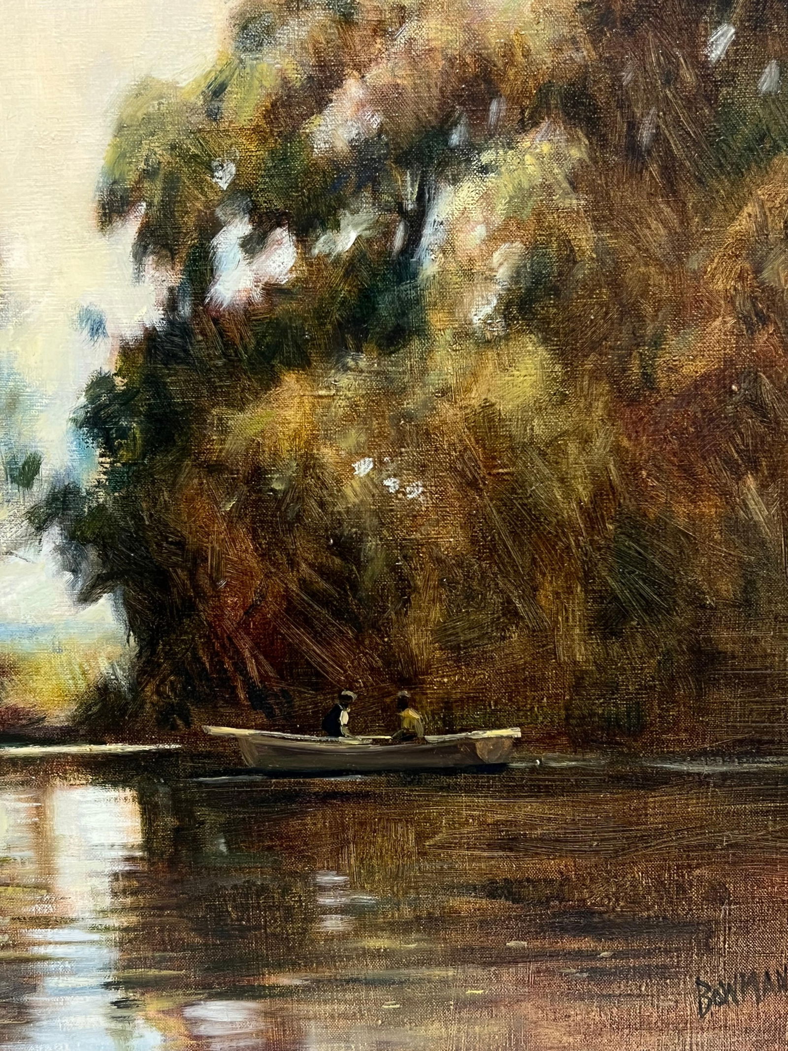 British artist; British Impressionist 20th Century Signed Oil Sludgy Green River Landscape Boat, - 13