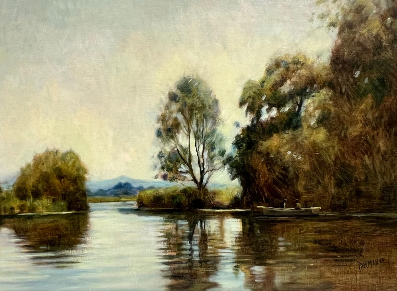 British artist; British Impressionist 20th Century Signed Oil Sludgy Green River Landscape Boat, - 14