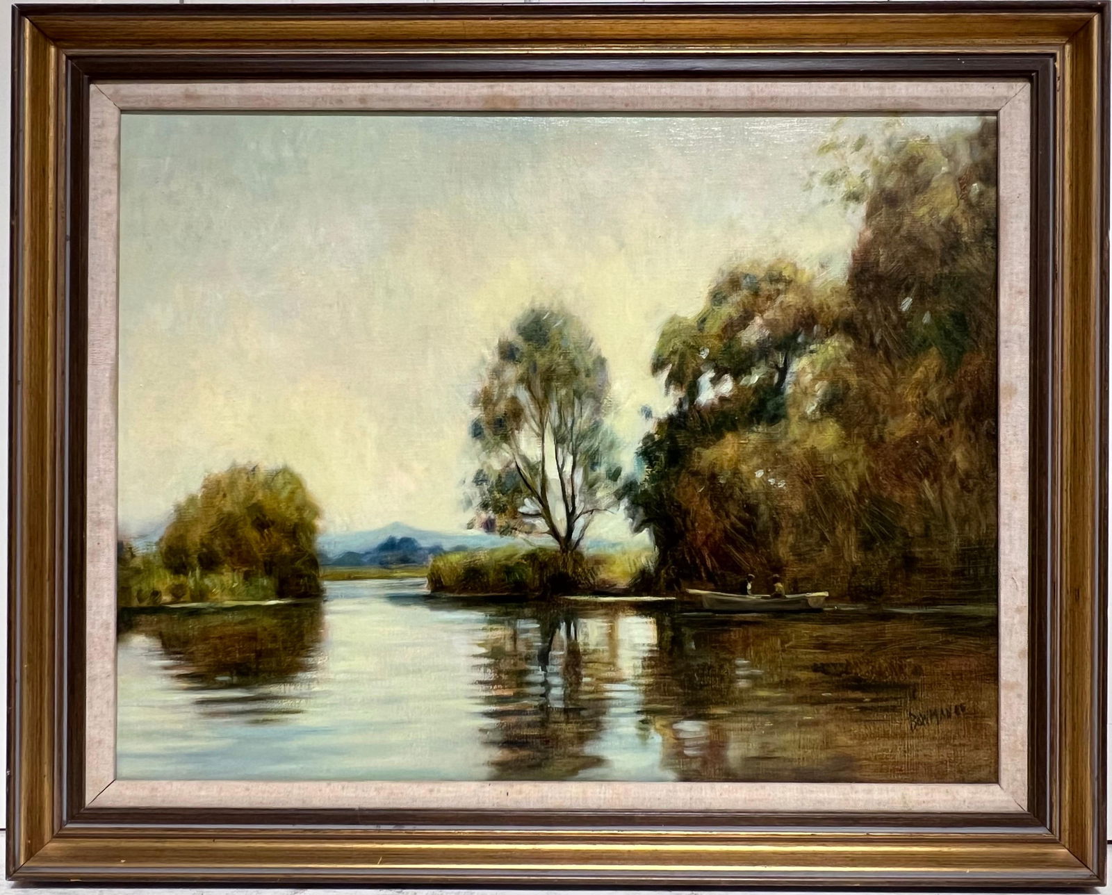 British artist; British Impressionist 20th Century Signed Oil Sludgy Green River Landscape Boat, - 4