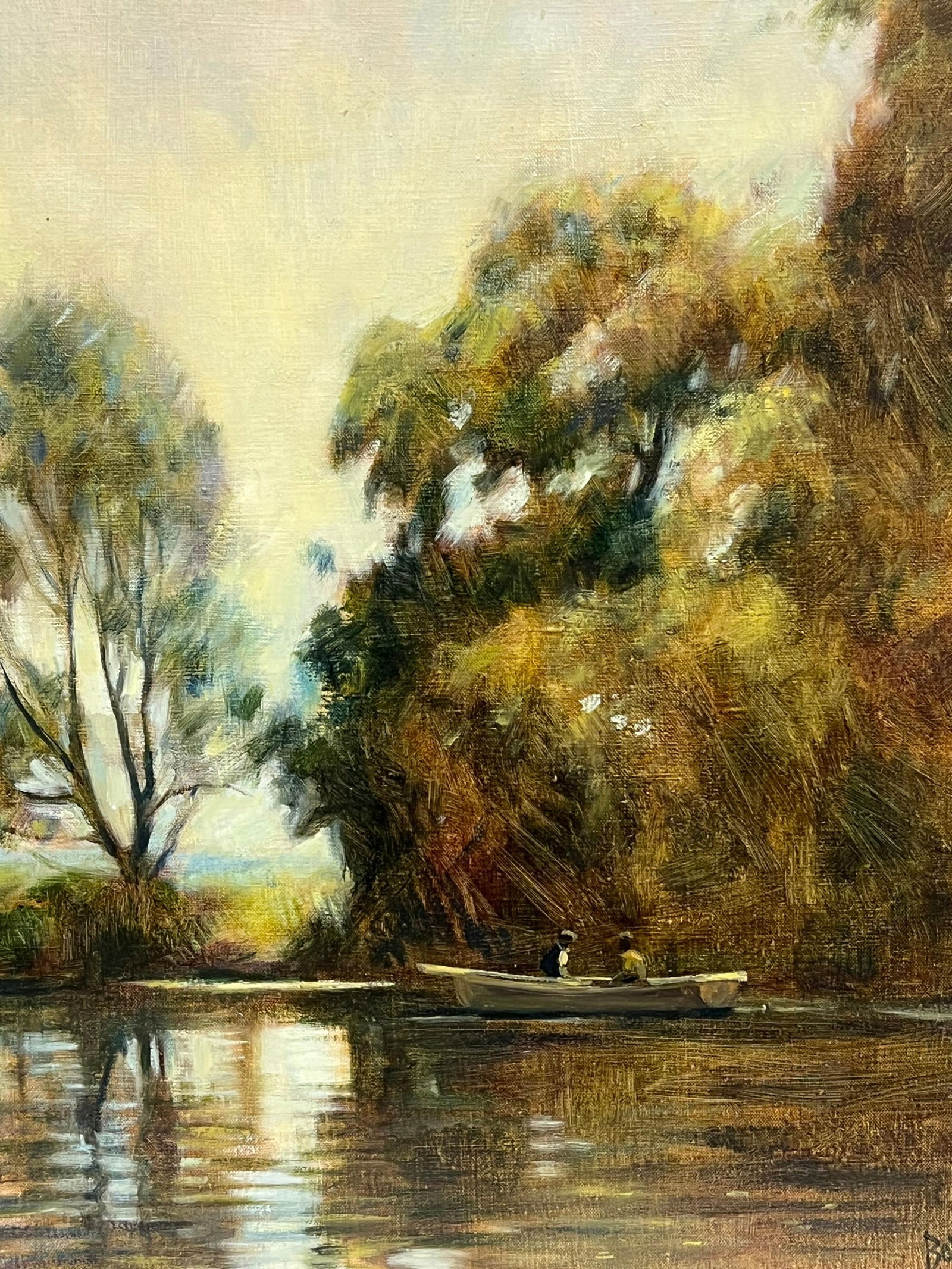 British artist; British Impressionist 20th Century Signed Oil Sludgy Green River Landscape Boat, - 5