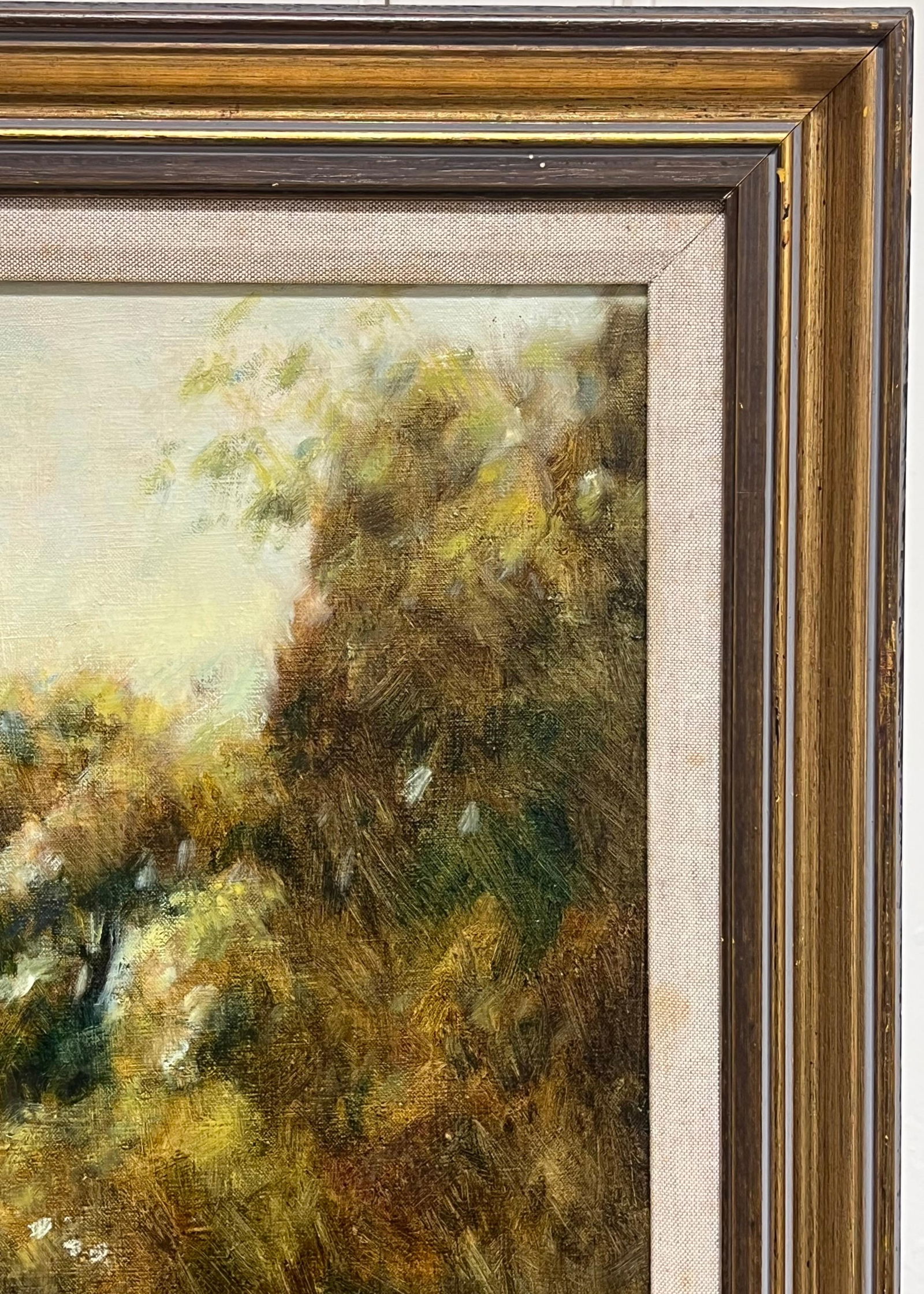 British artist; British Impressionist 20th Century Signed Oil Sludgy Green River Landscape Boat, - 6