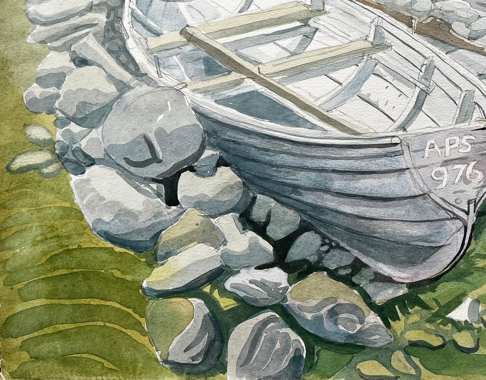 John Steane (b.1931); Rowing Boats on Rocky Shore with Grass and Distant Hills by John Steane - 7