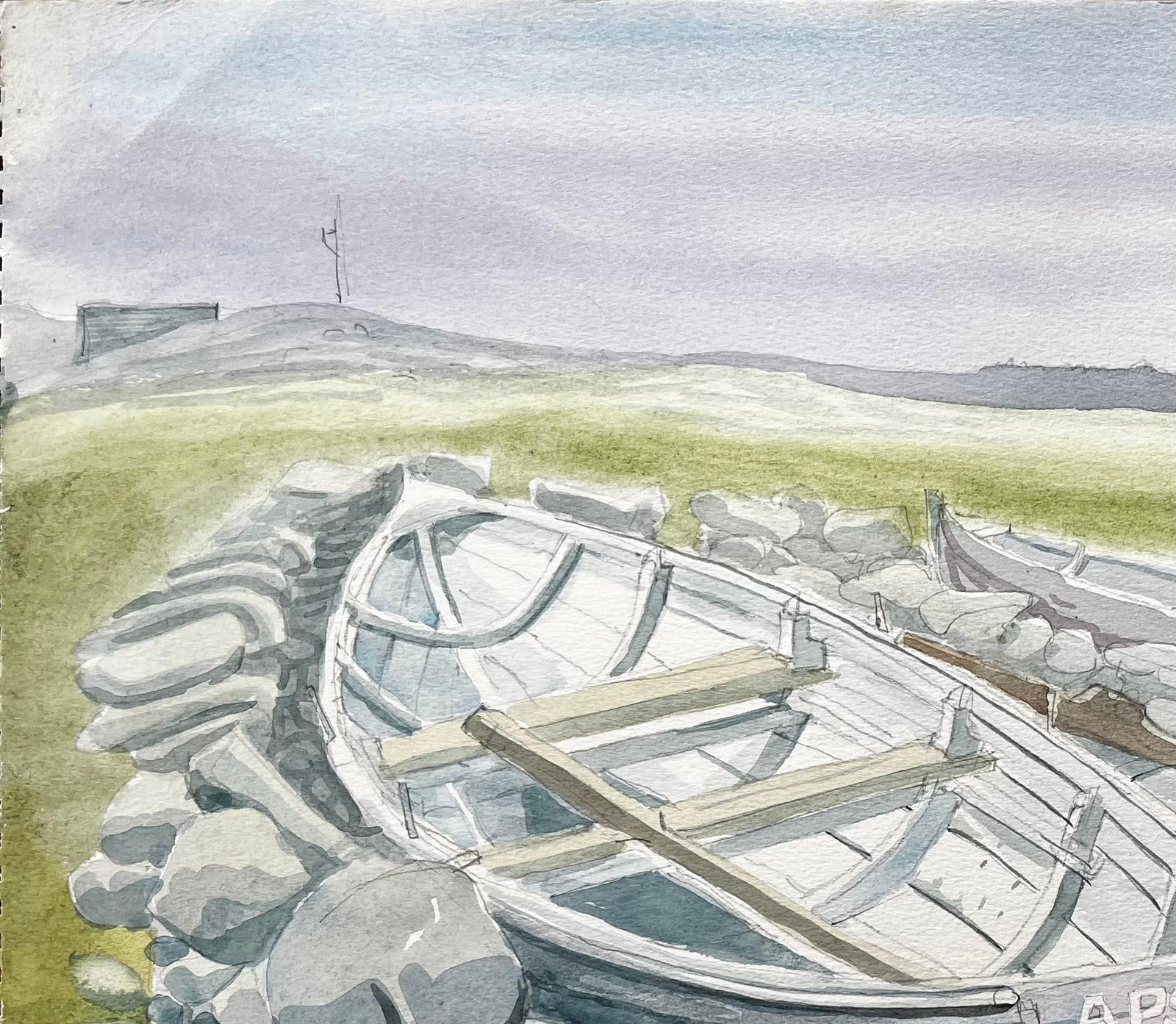 John Steane (b.1931); Rowing Boats on Rocky Shore with Grass and Distant Hills by John Steane - 8