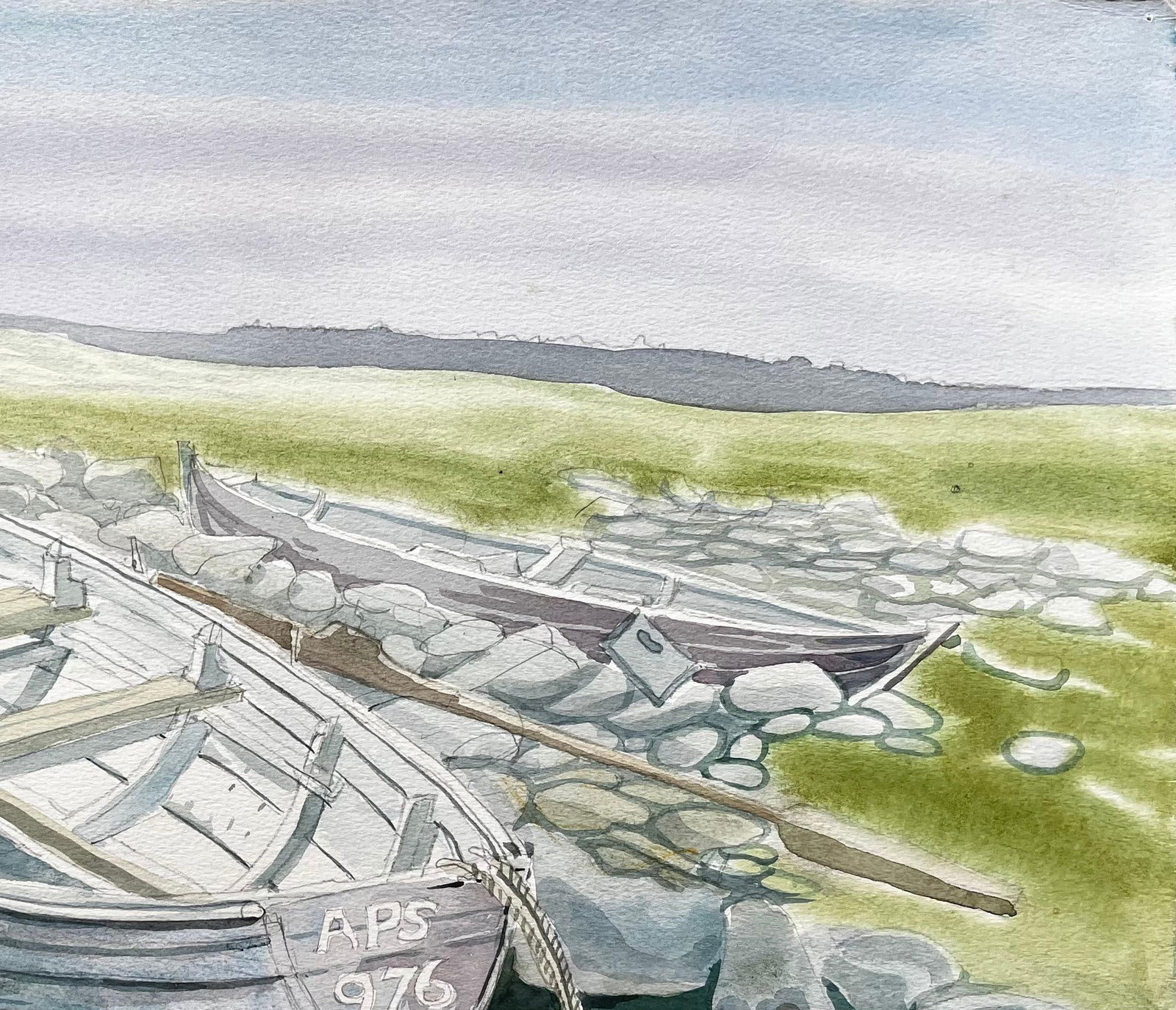 John Steane (b.1931); Rowing Boats on Rocky Shore with Grass and Distant Hills by John Steane - 9