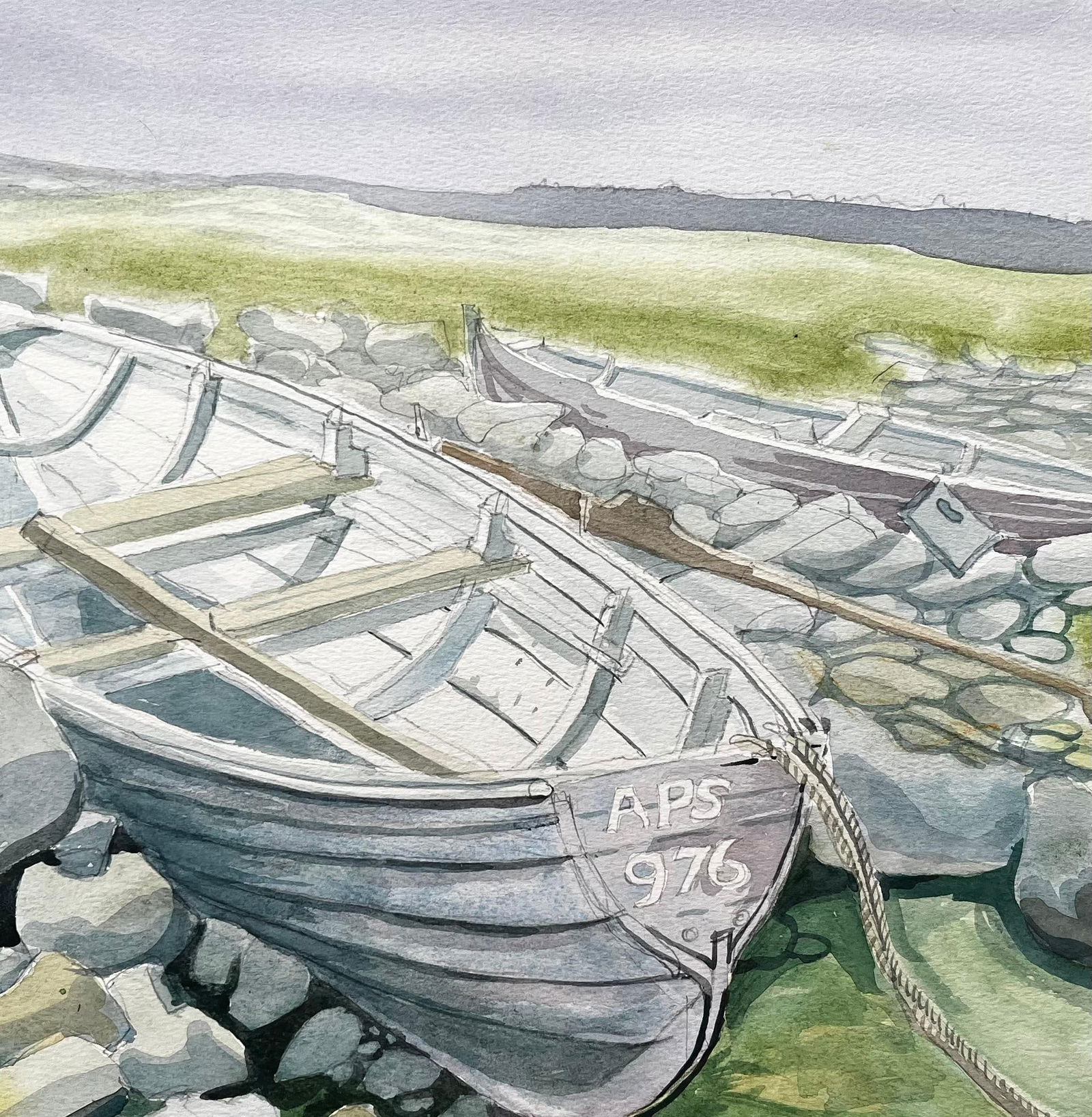 John Steane (b.1931); Rowing Boats on Rocky Shore with Grass and Distant Hills by John Steane - 10