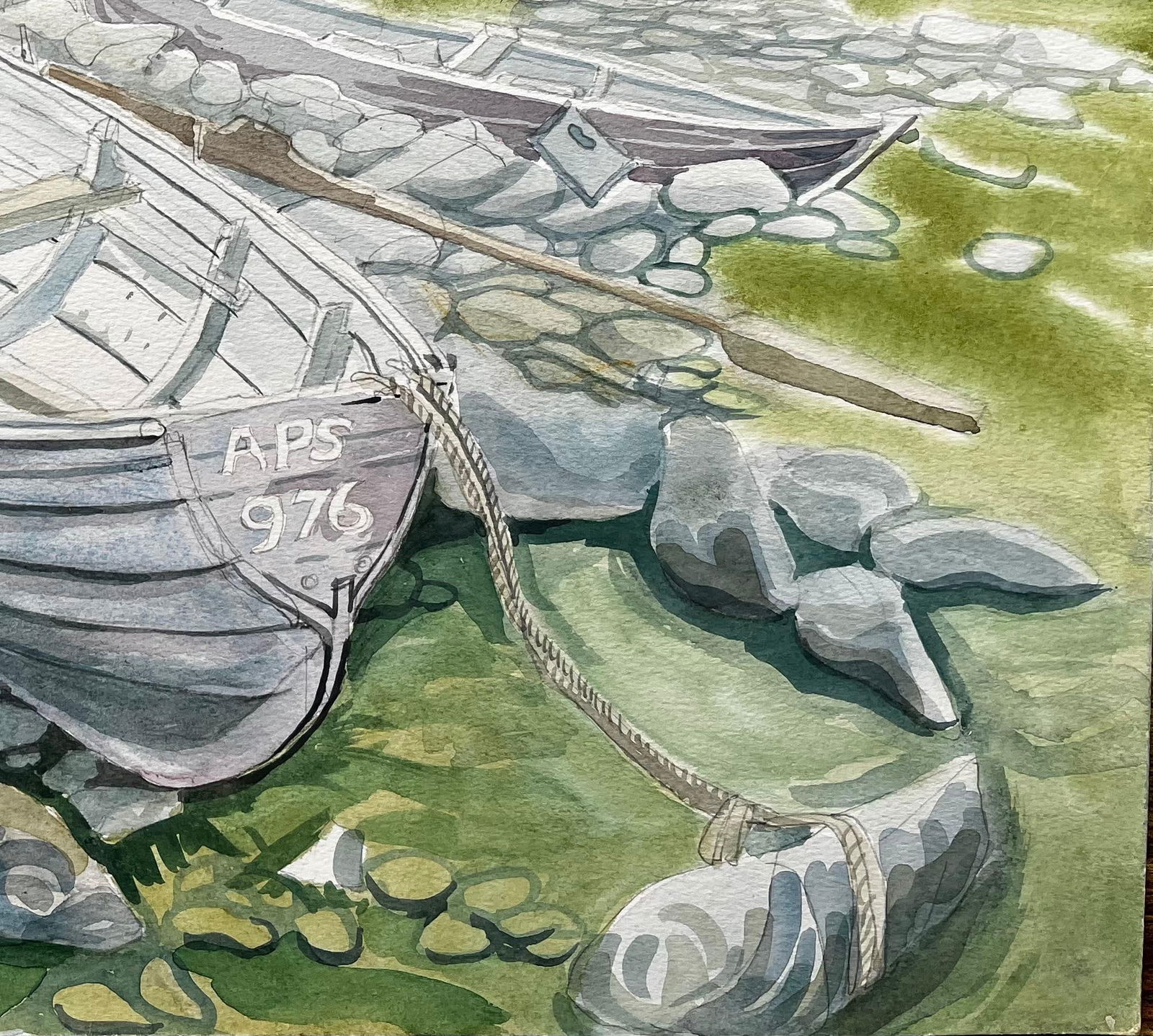 John Steane (b.1931); Rowing Boats on Rocky Shore with Grass and Distant Hills by John Steane - 14