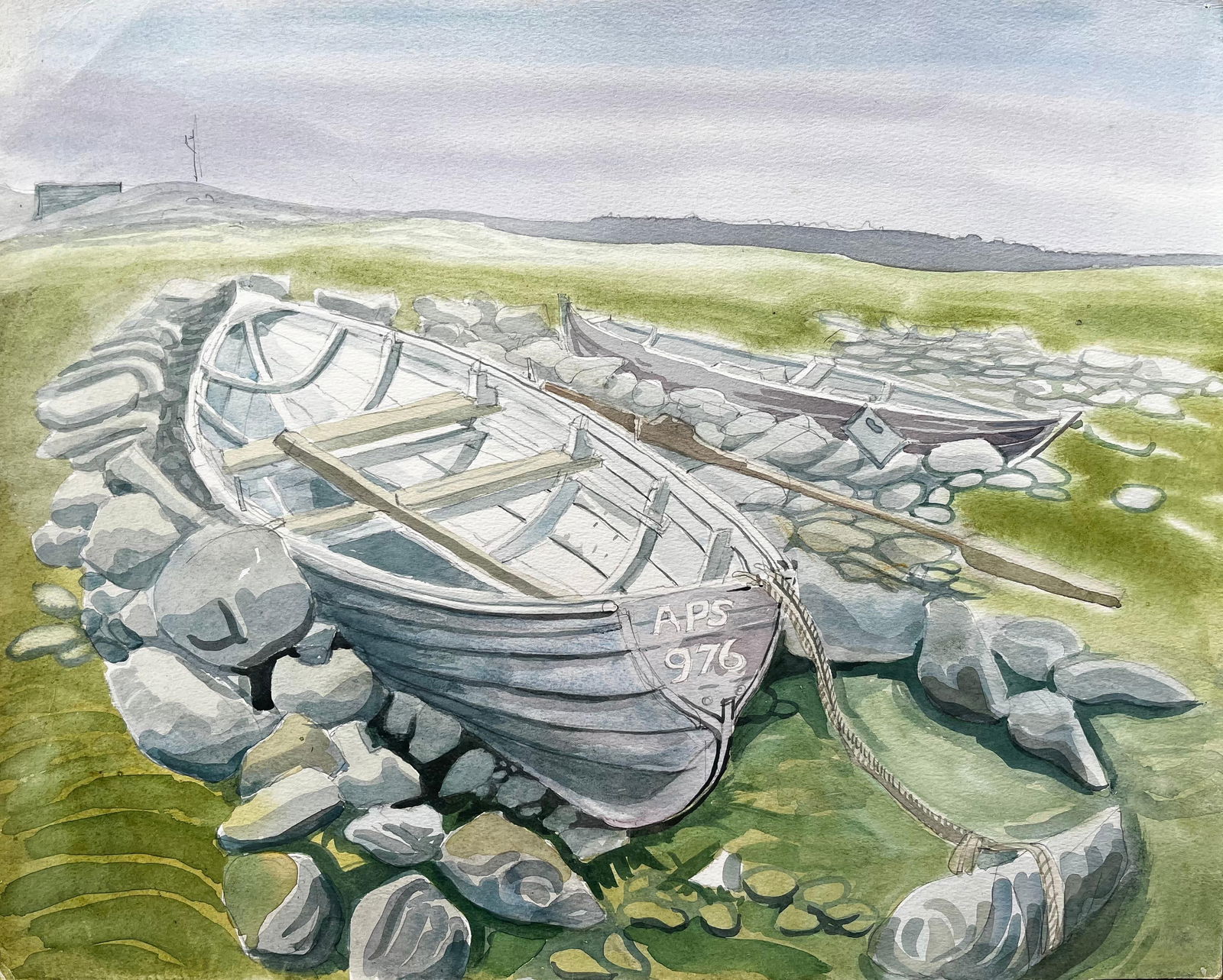 John Steane (b.1931); Rowing Boats on Rocky Shore with Grass and Distant Hills by John Steane - 4
