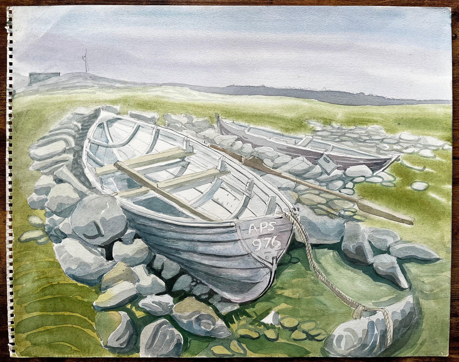 John Steane (b.1931); Rowing Boats on Rocky Shore with Grass and Distant Hills by John Steane - 5