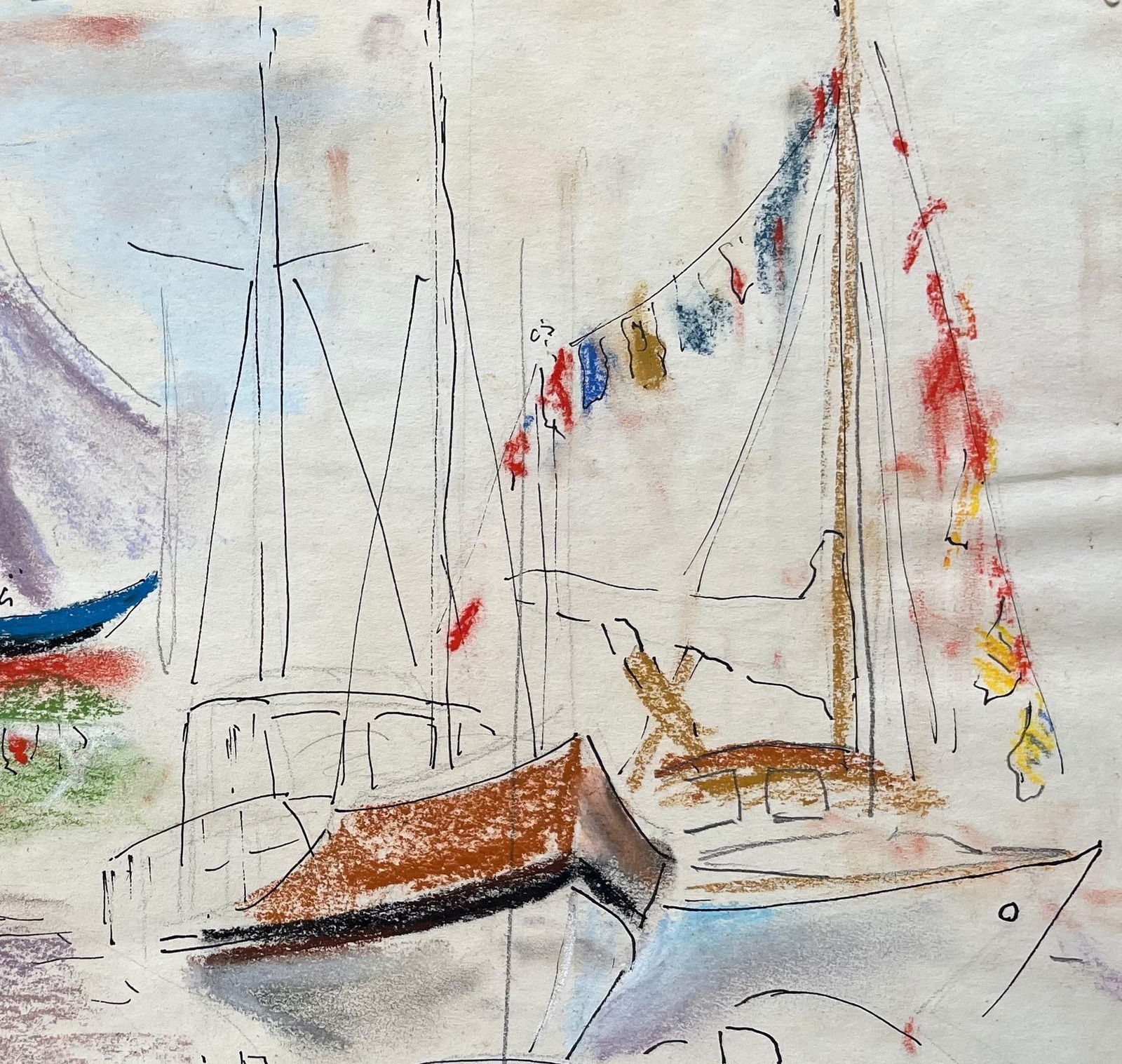 Anne Marie Migette Perard; Mid-20th Century Post-Impressionist Pastel Drawing of Colourful Marina - 7