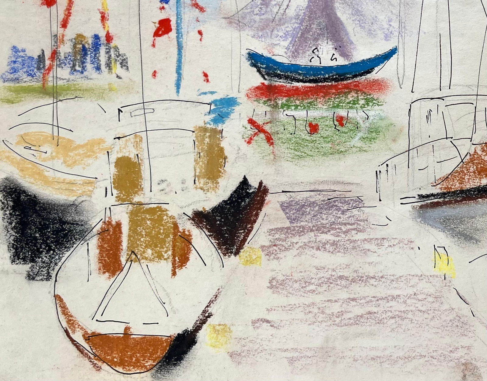 Anne Marie Migette Perard; Mid-20th Century Post-Impressionist Pastel Drawing of Colourful Marina - 8