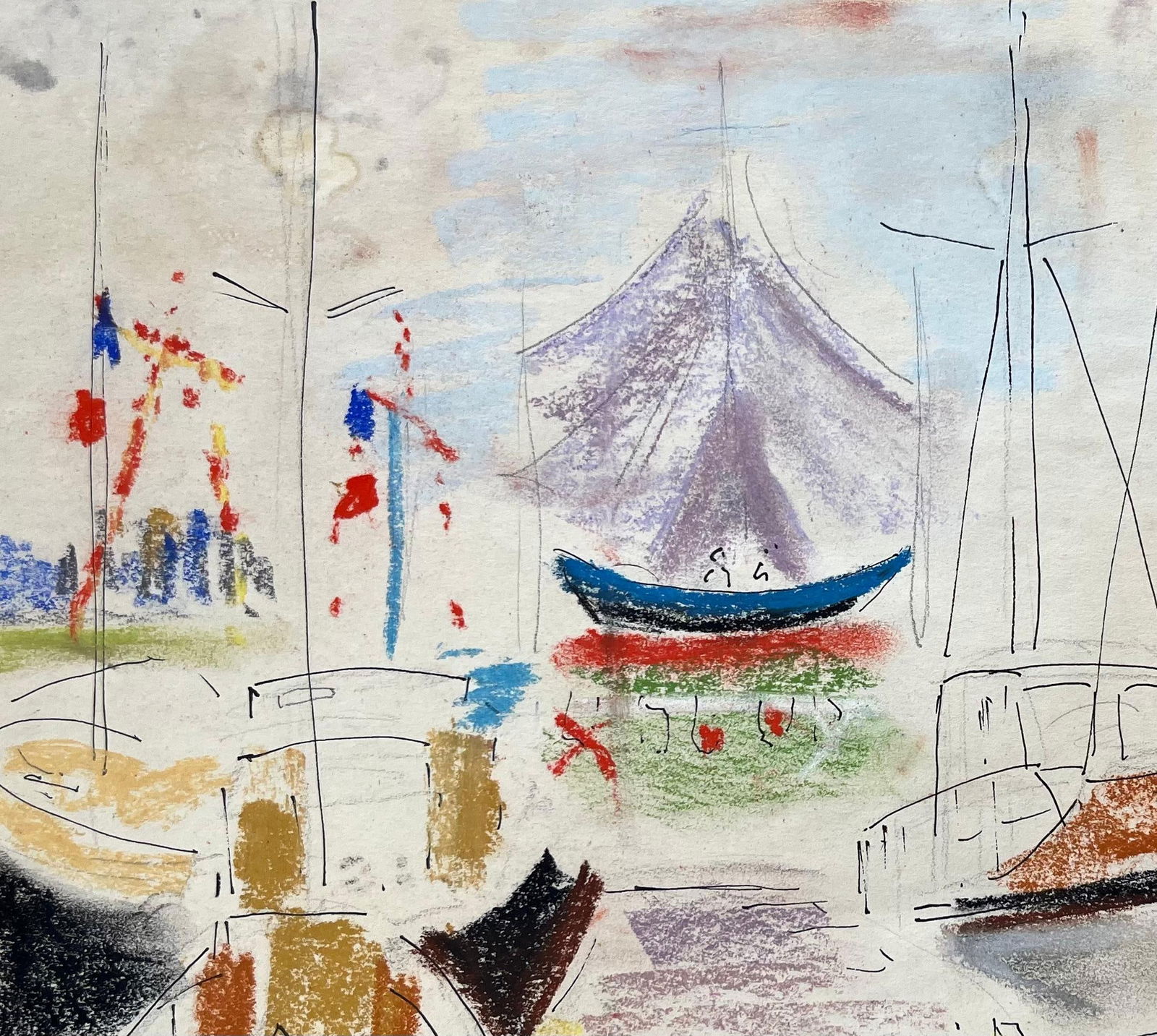 Anne Marie Migette Perard; Mid-20th Century Post-Impressionist Pastel Drawing of Colourful Marina - 9