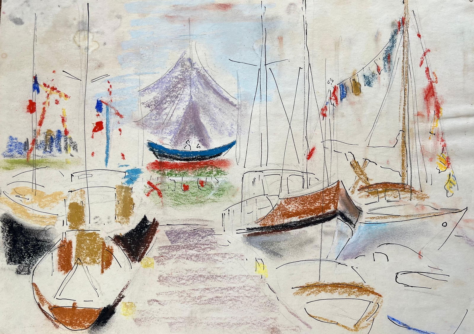 Anne Marie Migette Perard; Mid-20th Century Post-Impressionist Pastel Drawing of Colourful Marina (1 of 14)