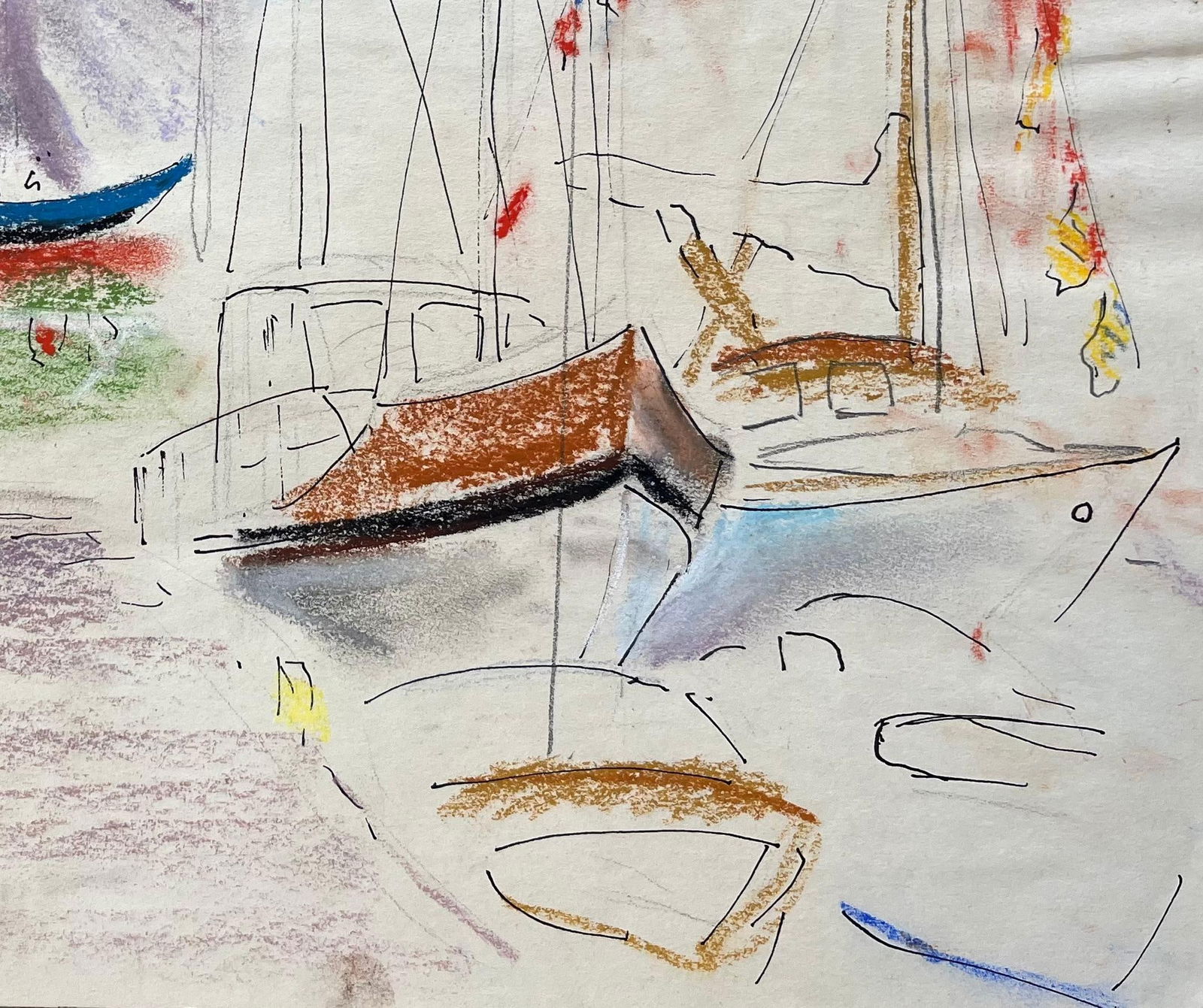 Anne Marie Migette Perard; Mid-20th Century Post-Impressionist Pastel Drawing of Colourful Marina - 14