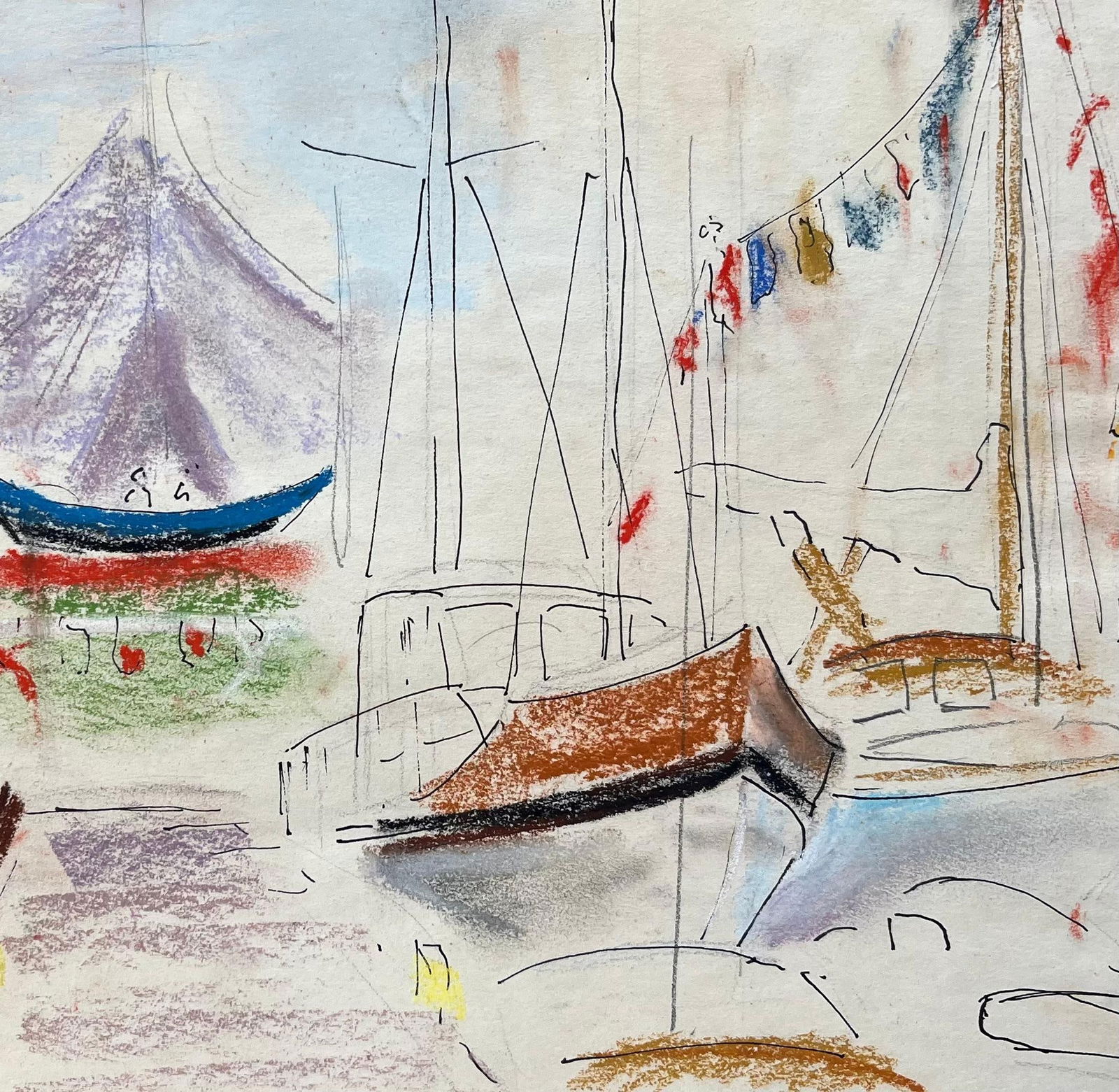 Anne Marie Migette Perard; Mid-20th Century Post-Impressionist Pastel Drawing of Colourful Marina - 2