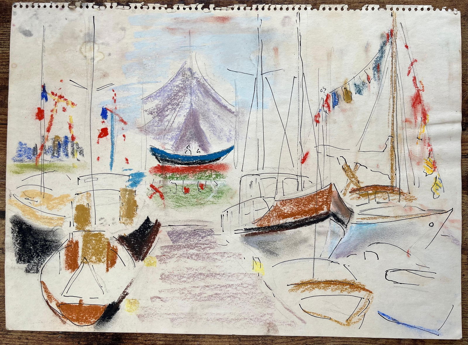 Anne Marie Migette Perard; Mid-20th Century Post-Impressionist Pastel Drawing of Colourful Marina - 5