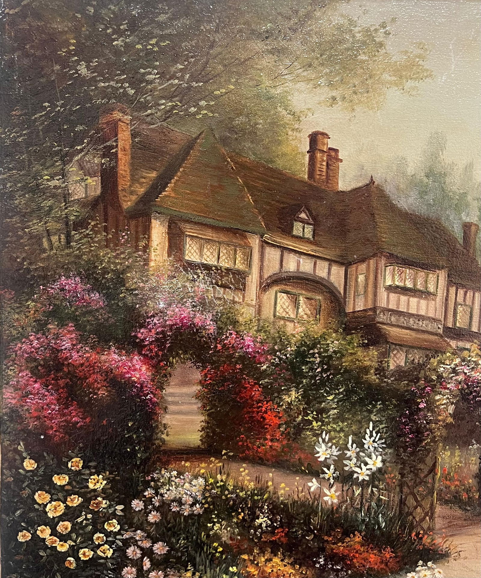 Early 20th Century English School; Antique English Oil Painting Old Tudor House and Flower Garden - 7