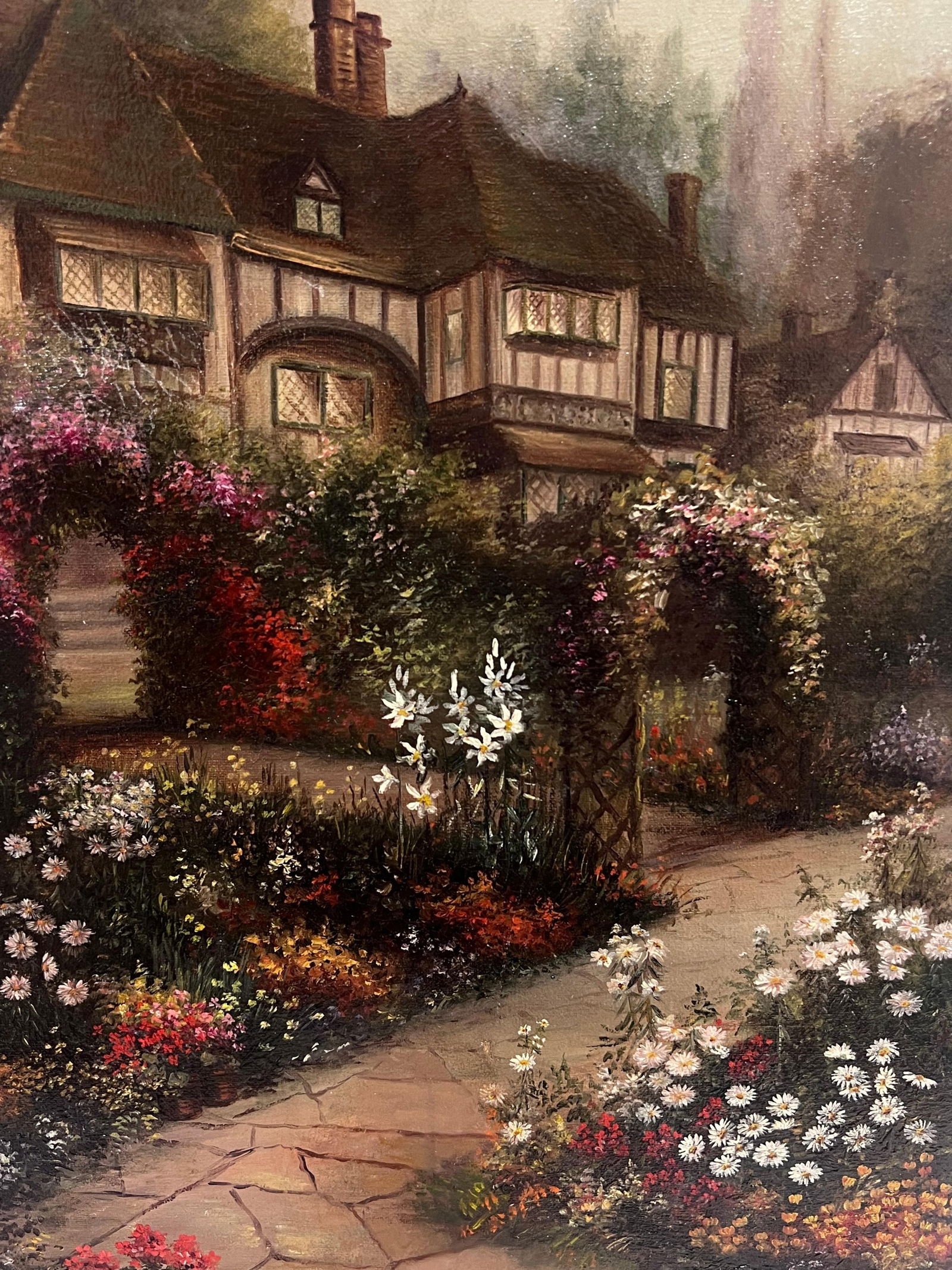 Early 20th Century English School; Antique English Oil Painting Old Tudor House and Flower Garden - 9