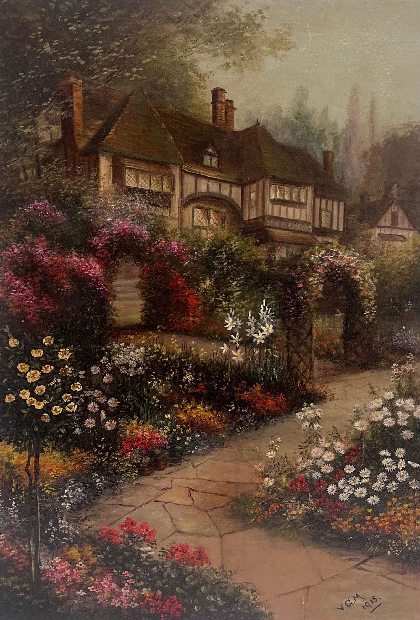 Early 20th Century English School; Antique English Oil Painting Old Tudor House and Flower Garden: Title: Early 20th Century English School; Antique English Oil Painting Old Tudor House and Flower Garden Twilight Dusk, 1915 Description: The Flower Garden English School, signed with initials dated 1