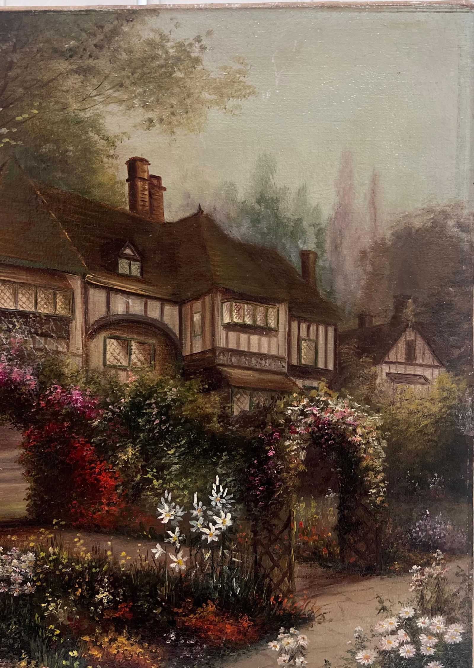 Early 20th Century English School; Antique English Oil Painting Old Tudor House and Flower Garden - 2