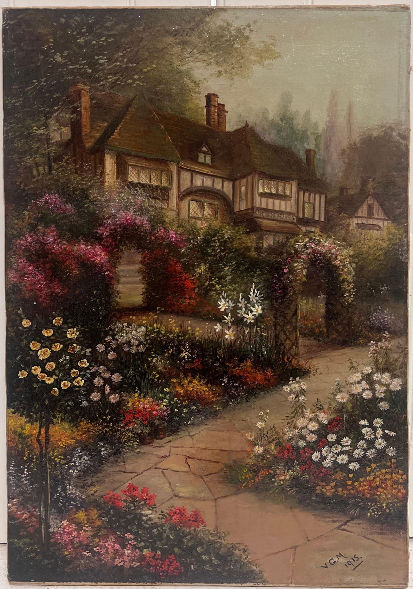 Early 20th Century English School; Antique English Oil Painting Old Tudor House and Flower Garden - 5