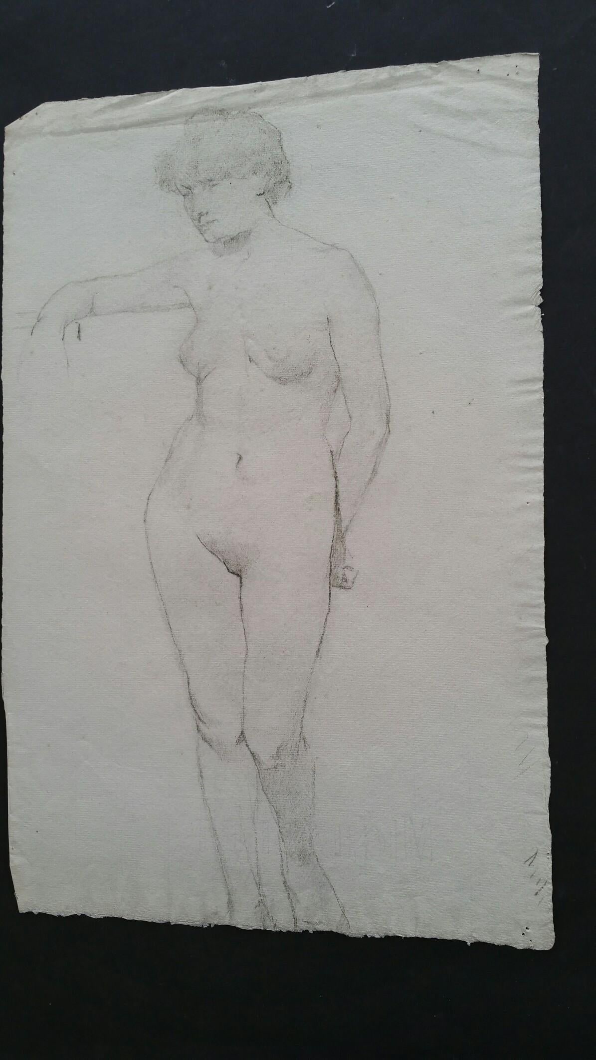 English Graphite Portrait Sketch of Female Figure, Standing Facing, circa 1880-1905 - 10