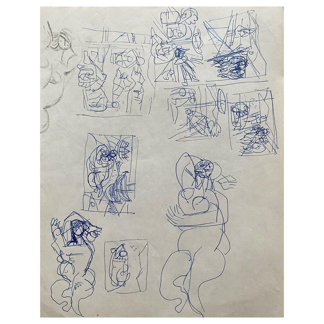 Carlos Carnero Original Ink Drawing, Figure Sketches Doodles, Mid-20th Century: Title: Carlos Carnero Original Ink Drawing, Figure Sketches Doodles, Mid-20th Century Description: Artist/ School: French school Title: Abstract Village Medium: gouache painting on paper, unframed can