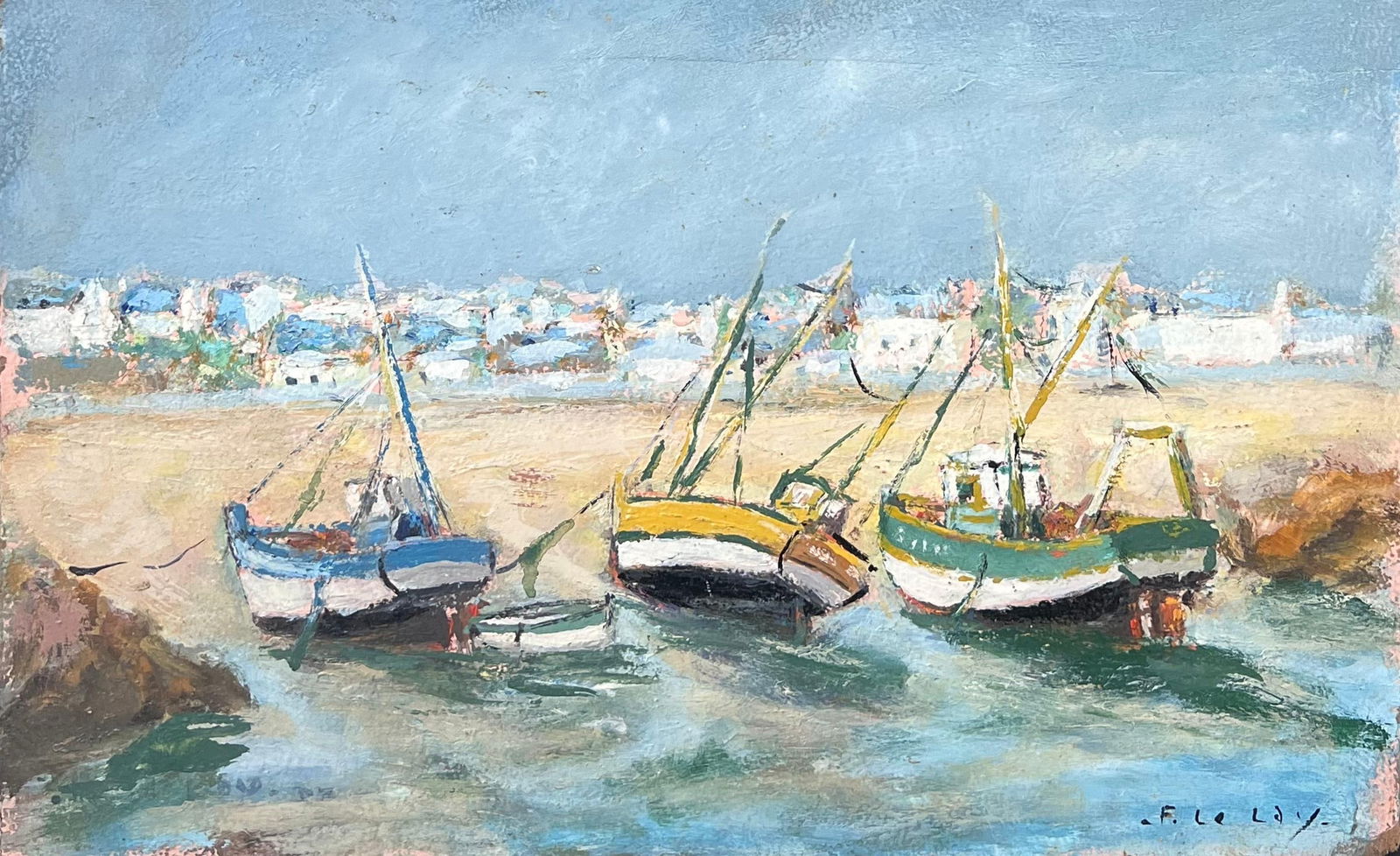 Fanch Lel; Bright Colourful Boats Docked On The Summer Sand French Landscape Oil Painting - 9