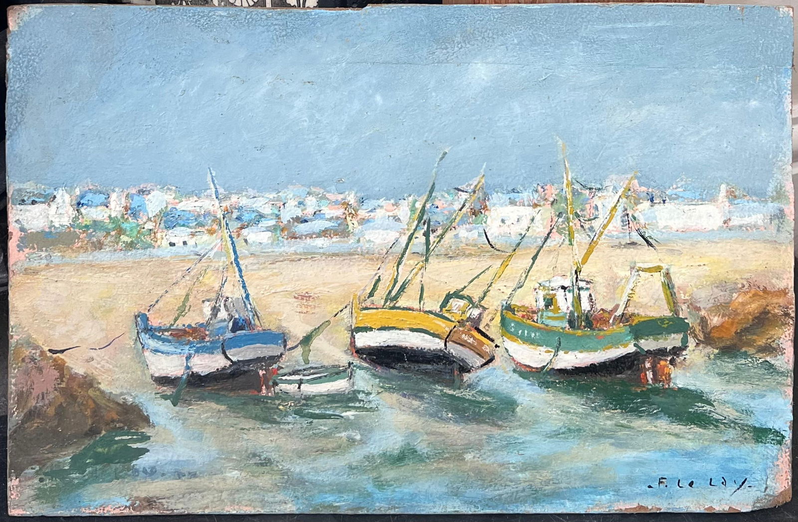 Fanch Lel; Bright Colourful Boats Docked On The Summer Sand French Landscape Oil Painting - 5
