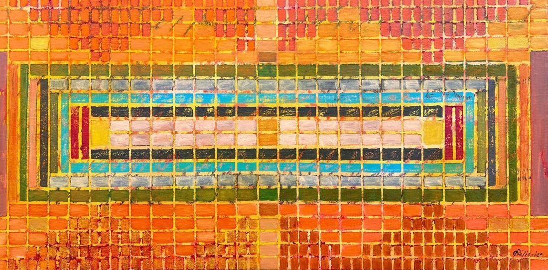 Gilbert Pelissier; French 20th Century Abstract Bright Geometric Fiery Orange Grid Pattern, 1970 - 4