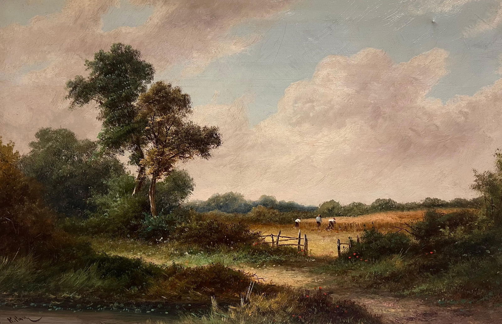R. Parry; Victorian Traditional English Rural Landscape Signed Painting Harvest Workers, 1900 - 4