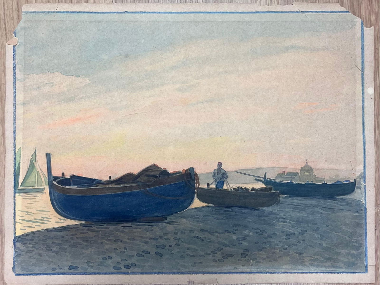 Tony Minartz ; Harbor Scene at Dusk with Fishermen and Wooden Boats Resting on the Shore - 12