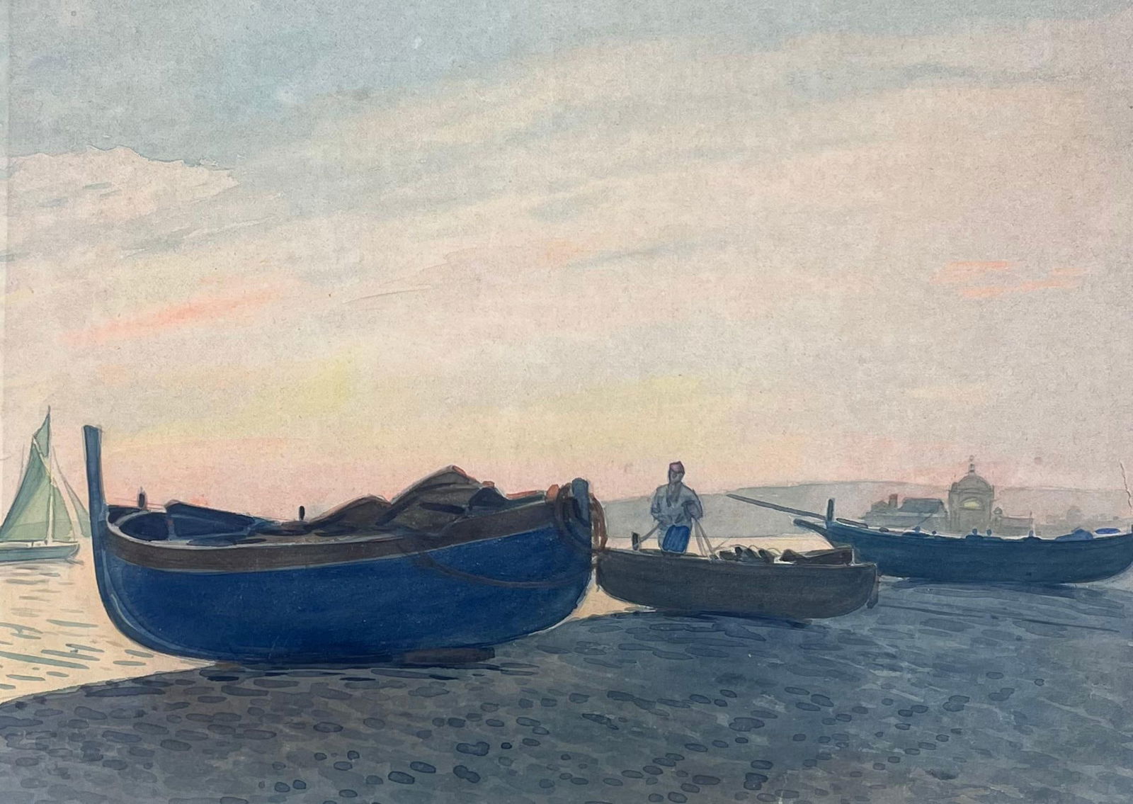 Tony Minartz ; Harbor Scene at Dusk with Fishermen and Wooden Boats Resting on the Shore: Title: Tony Minartz ; Harbor Scene at Dusk with Fishermen and Wooden Boats Resting on the Shore Description: Coastal Seascape by Georges Bordonave (French contemporary) signed oil painting on canvas,