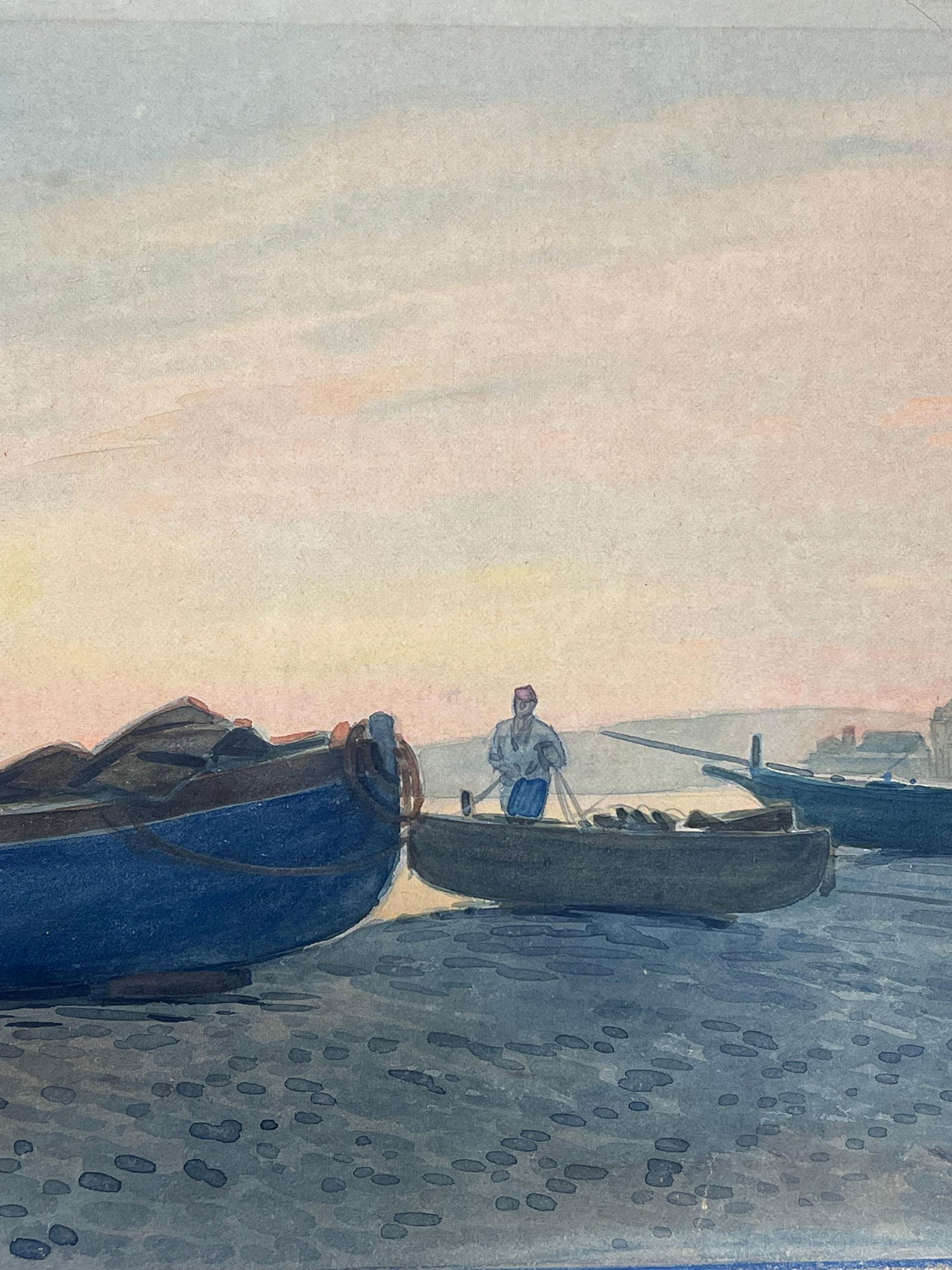 Tony Minartz ; Harbor Scene at Dusk with Fishermen and Wooden Boats Resting on the Shore - 14