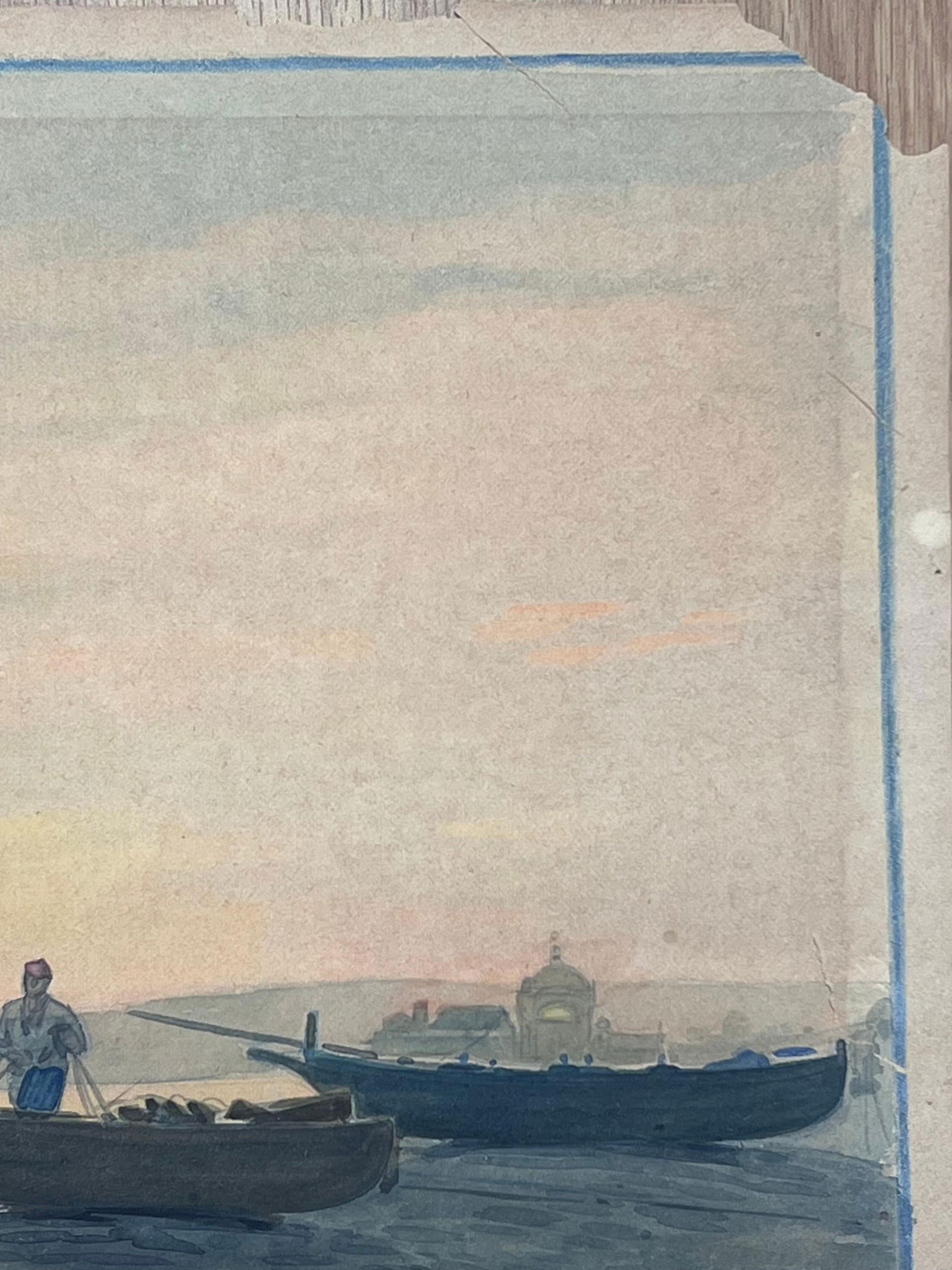 Tony Minartz ; Harbor Scene at Dusk with Fishermen and Wooden Boats Resting on the Shore - 2