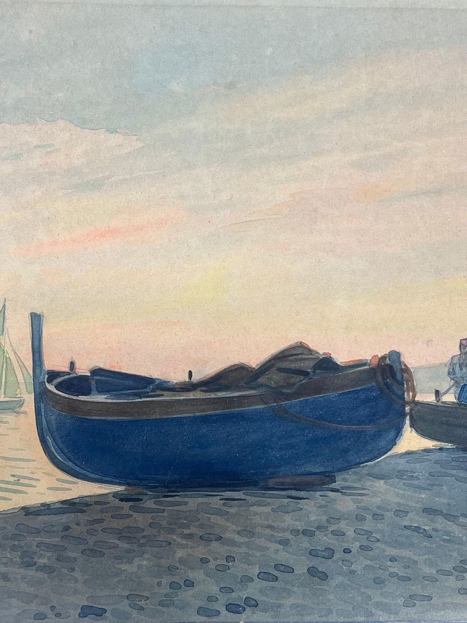 Tony Minartz ; Harbor Scene at Dusk with Fishermen and Wooden Boats Resting on the Shore - 6