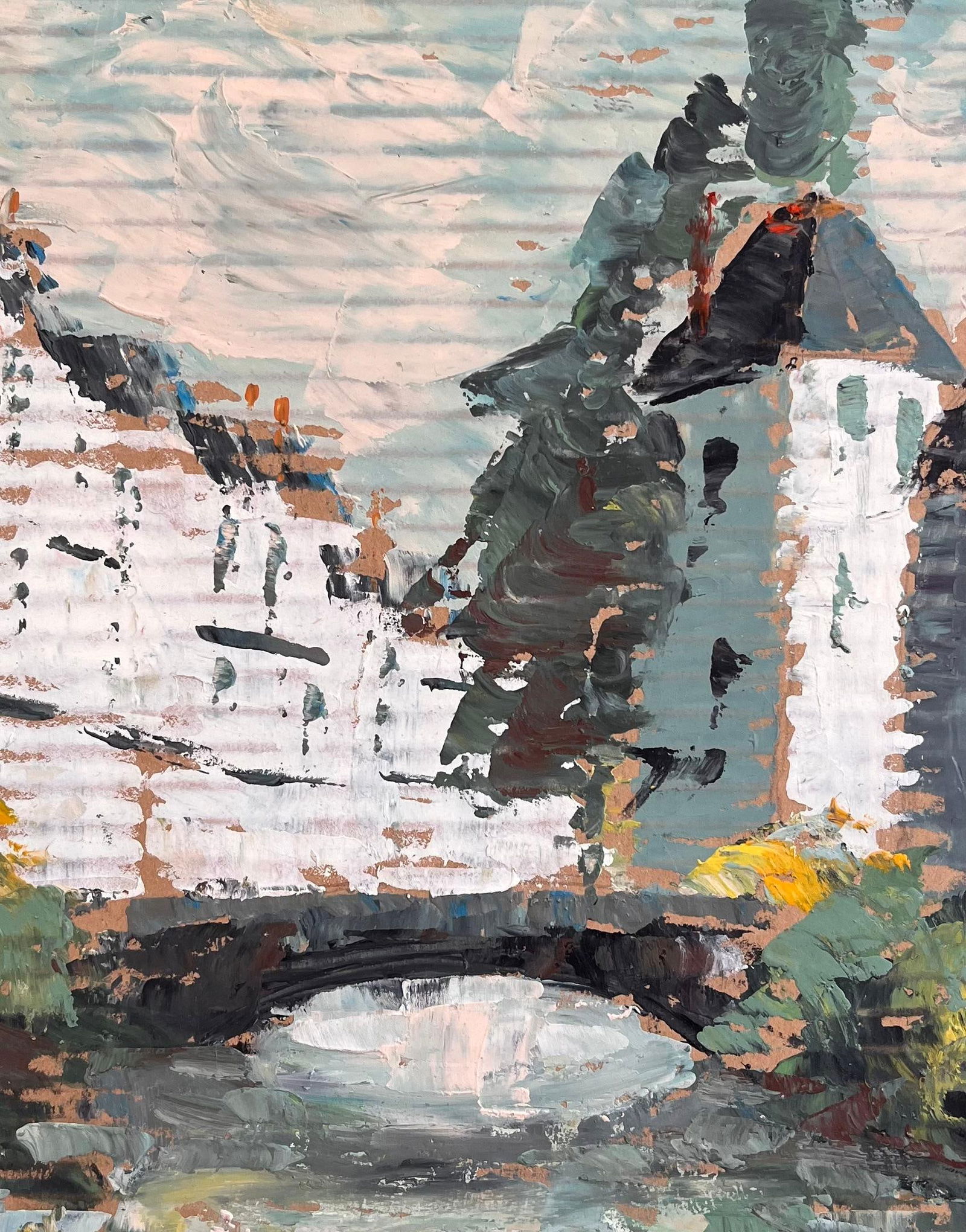 Fanch Lel; Impressionist River Bridge Scene with Reflections and White Buildings in France - 10