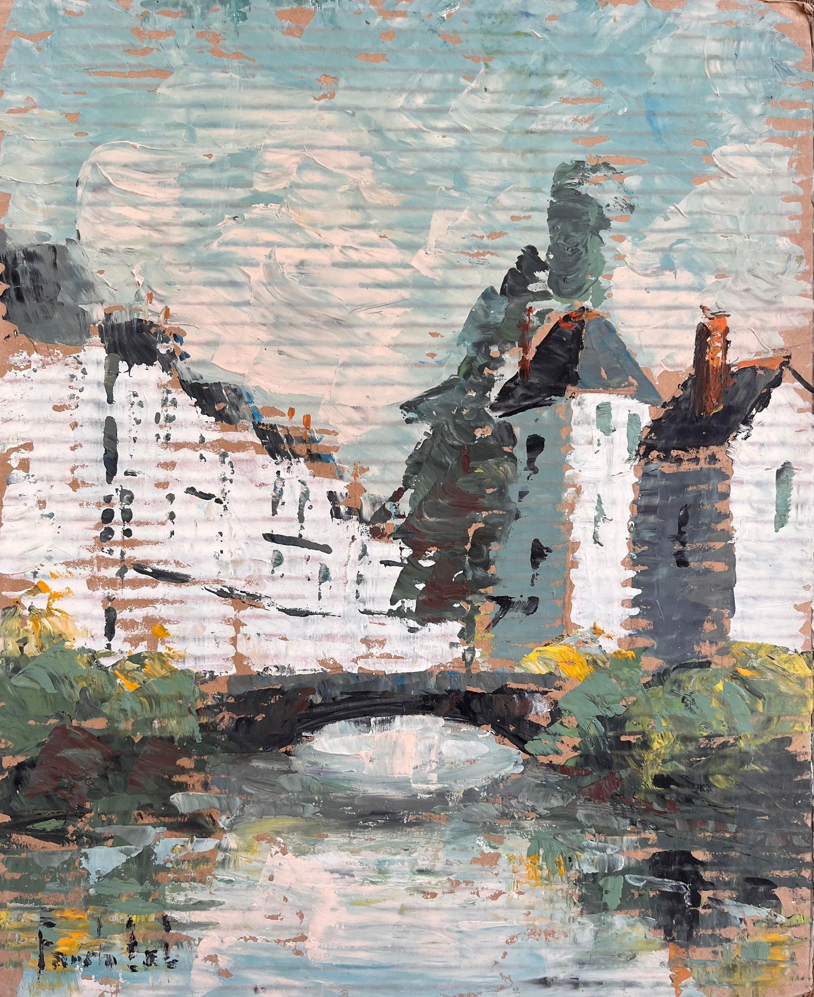 Fanch Lel; Impressionist River Bridge Scene with Reflections and White Buildings in France - 12