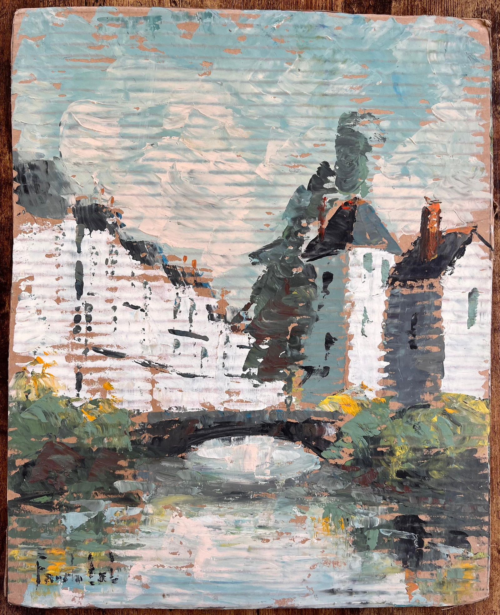 Fanch Lel; Impressionist River Bridge Scene with Reflections and White Buildings in France - 5
