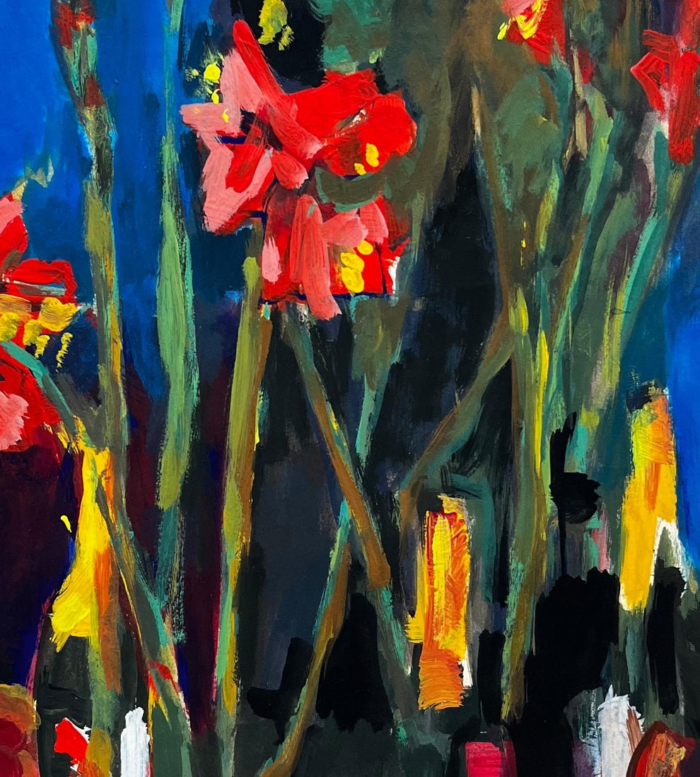 Guy Nicod; Vibrant Floral Still Life With Red Gladiolus And Wine Bottles French Modernist - 10